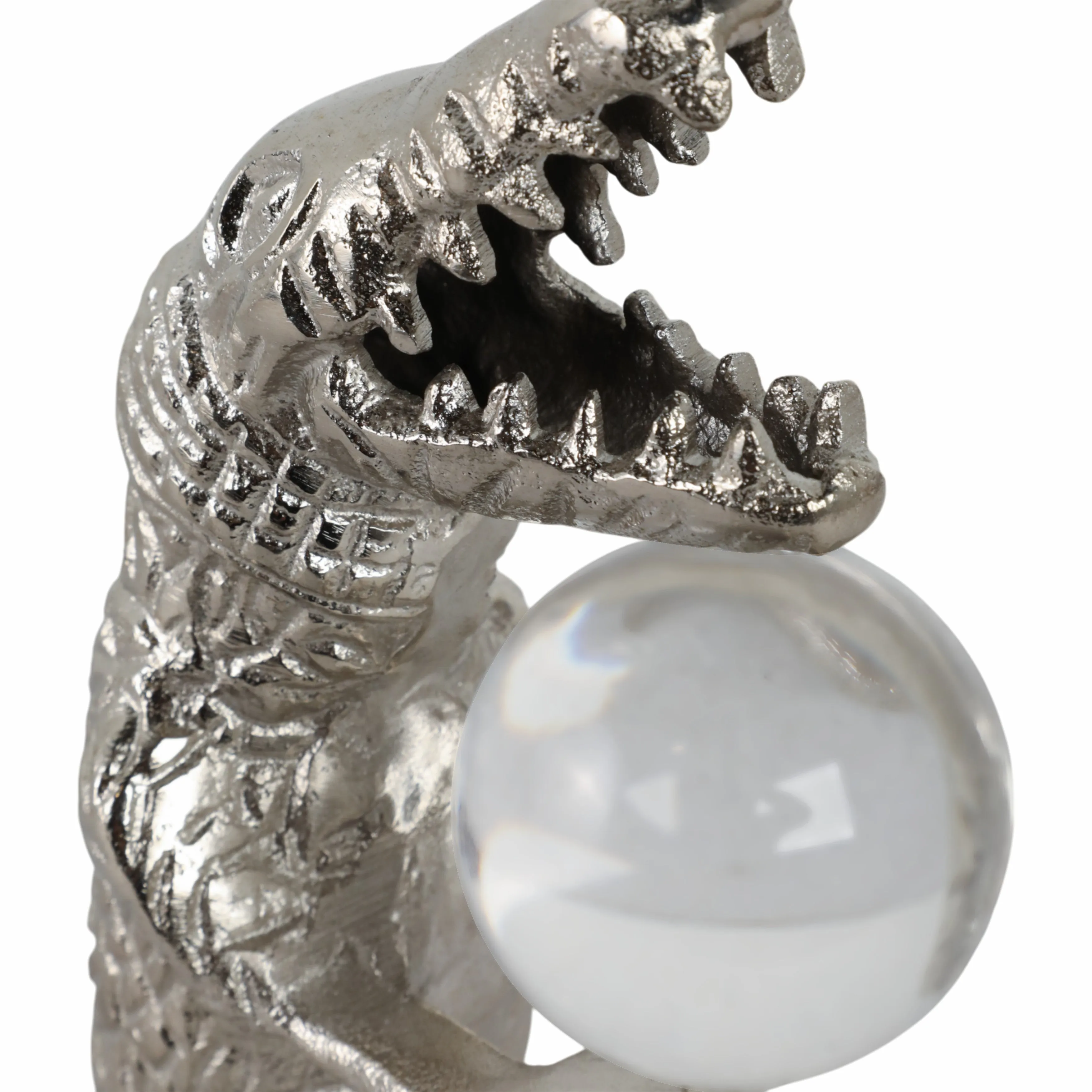 10x7" Crocodile Holding Acrylic Ball, Silver
