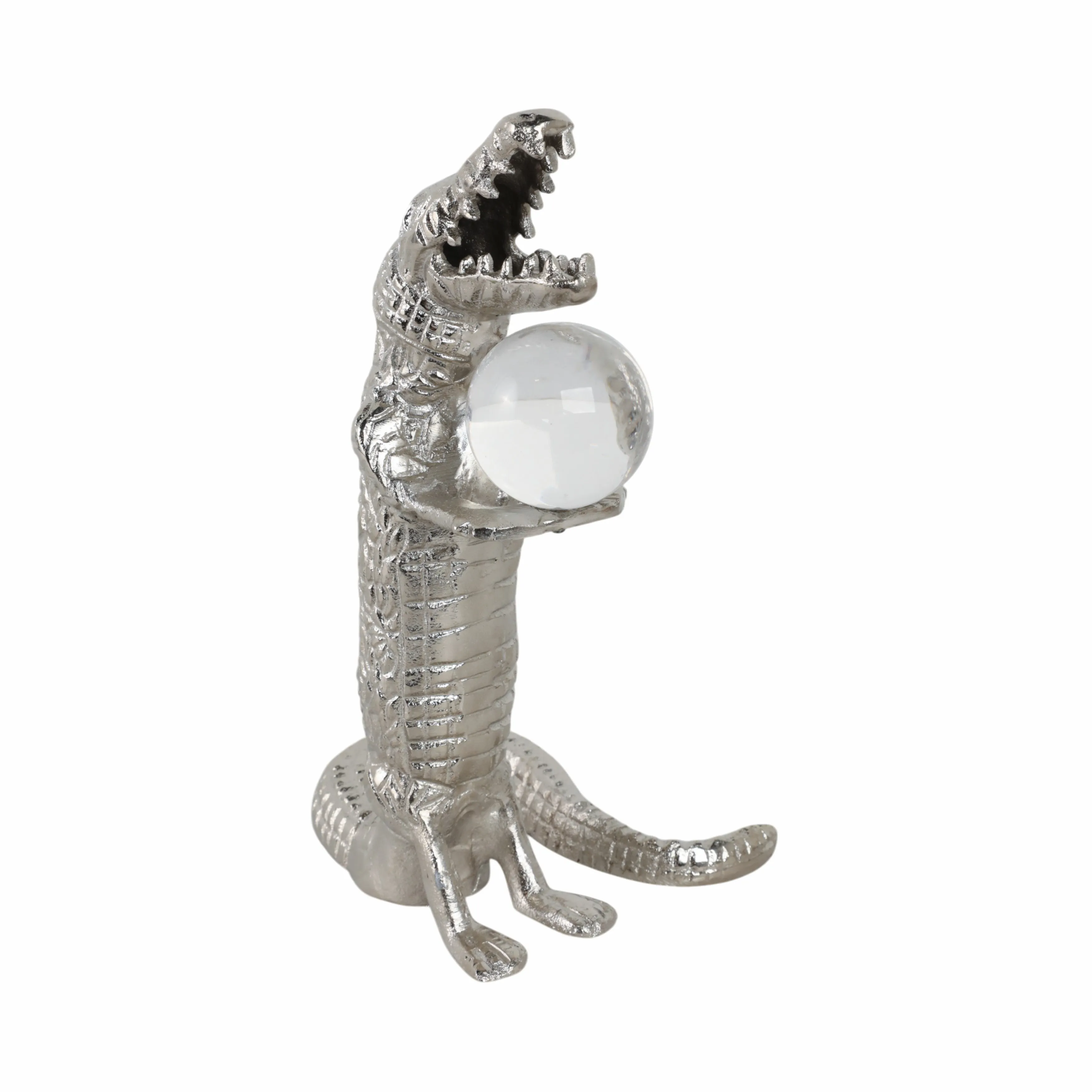 10x7" Crocodile Holding Acrylic Ball, Silver