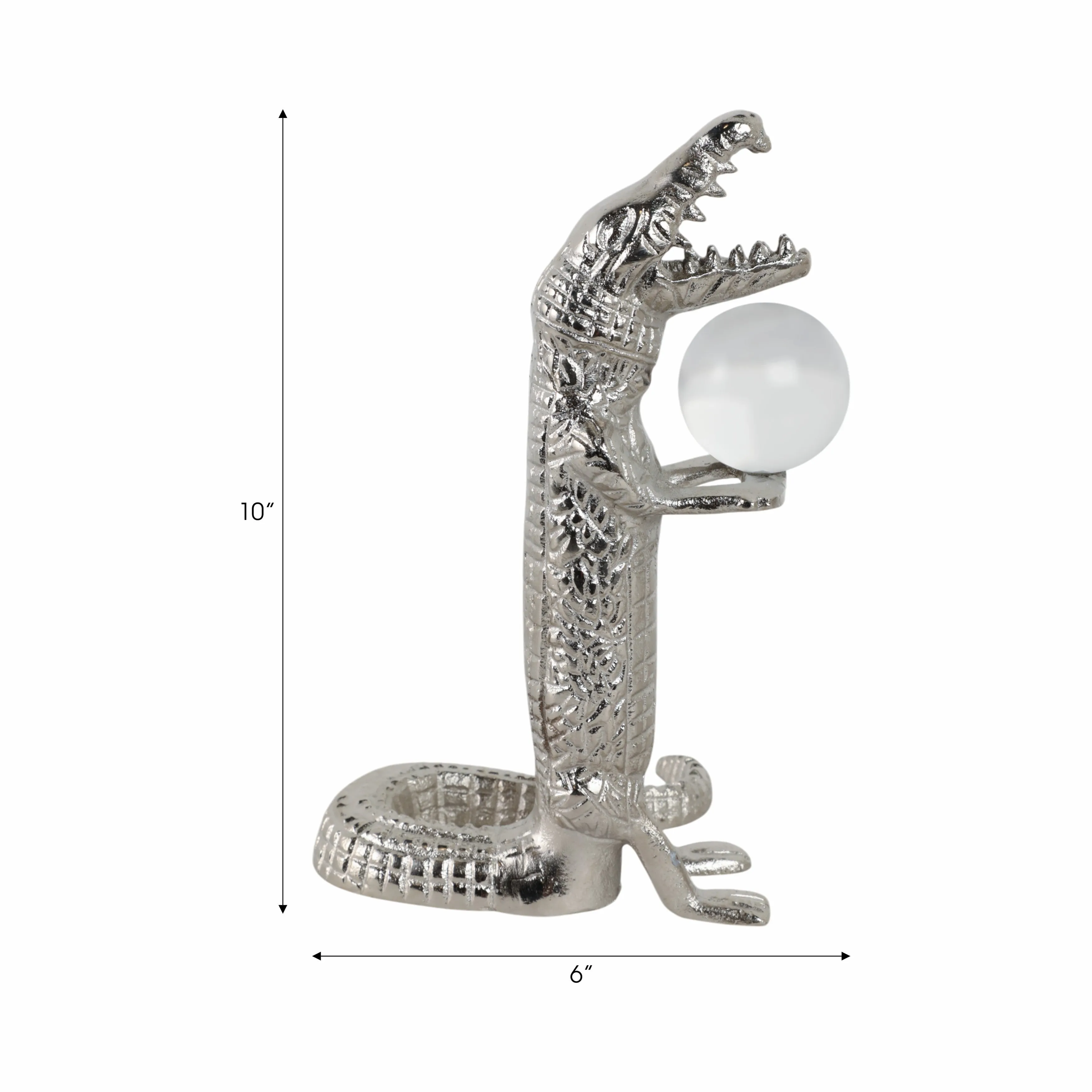 10x7" Crocodile Holding Acrylic Ball, Silver