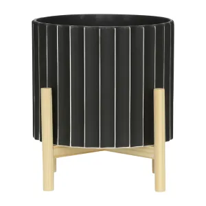 12" CERAMIC FLUTED PLANTER W/ WOOD STAND, BLACK