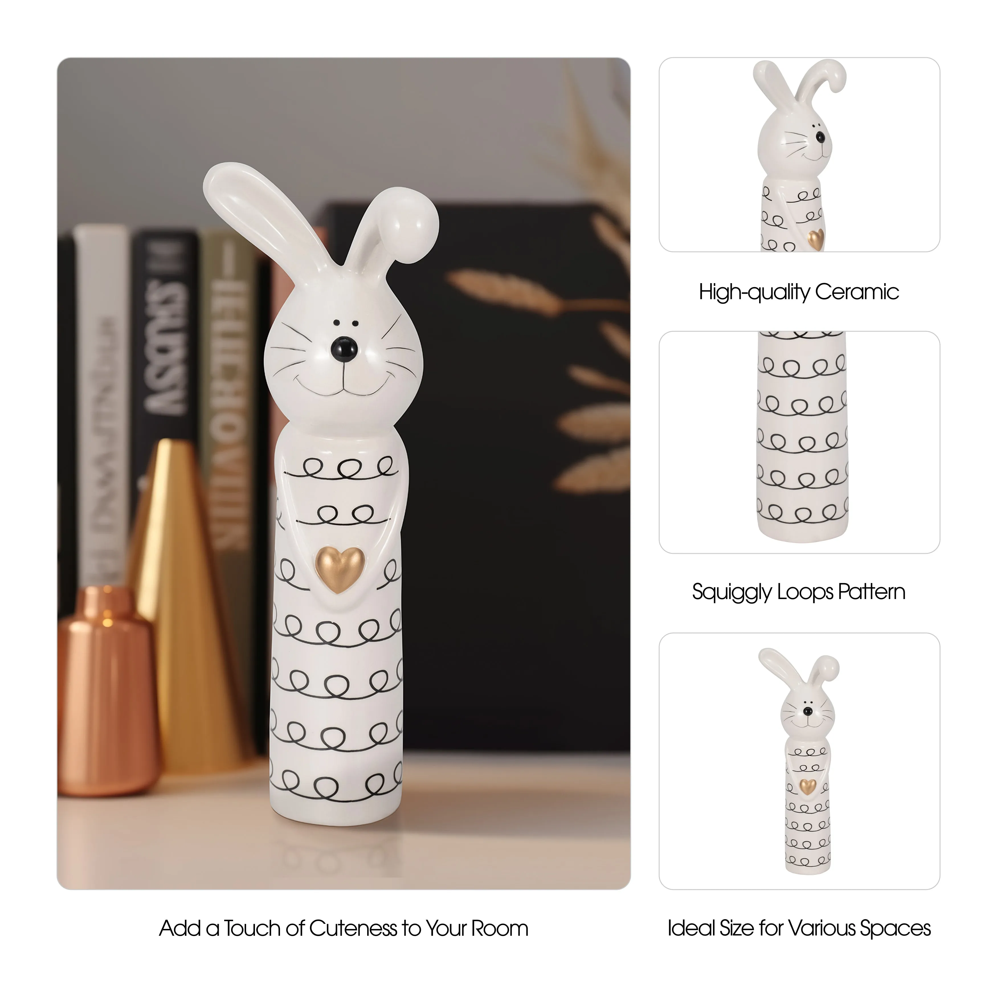 12" Squiggly Bunny With Gold Heart, White/black