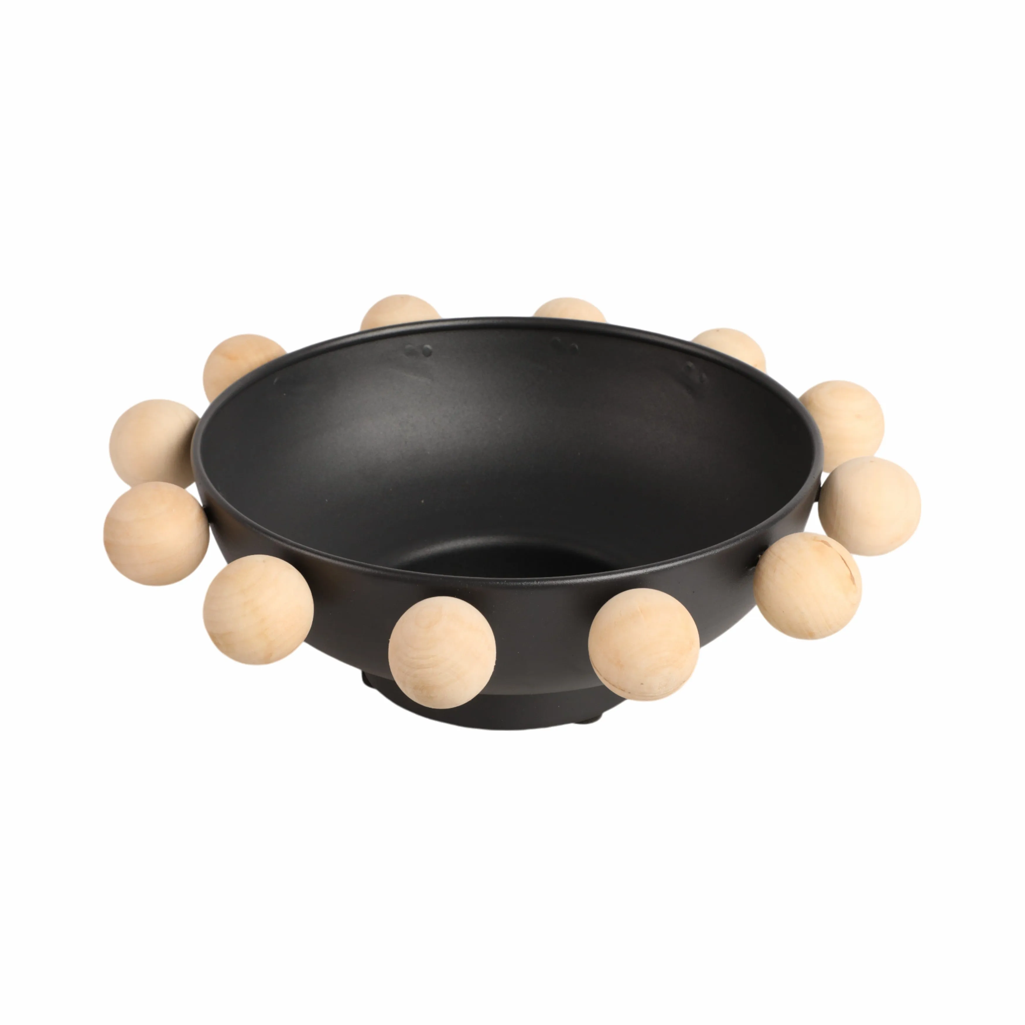 13" Bowl With Large Wooden Knobs, Black