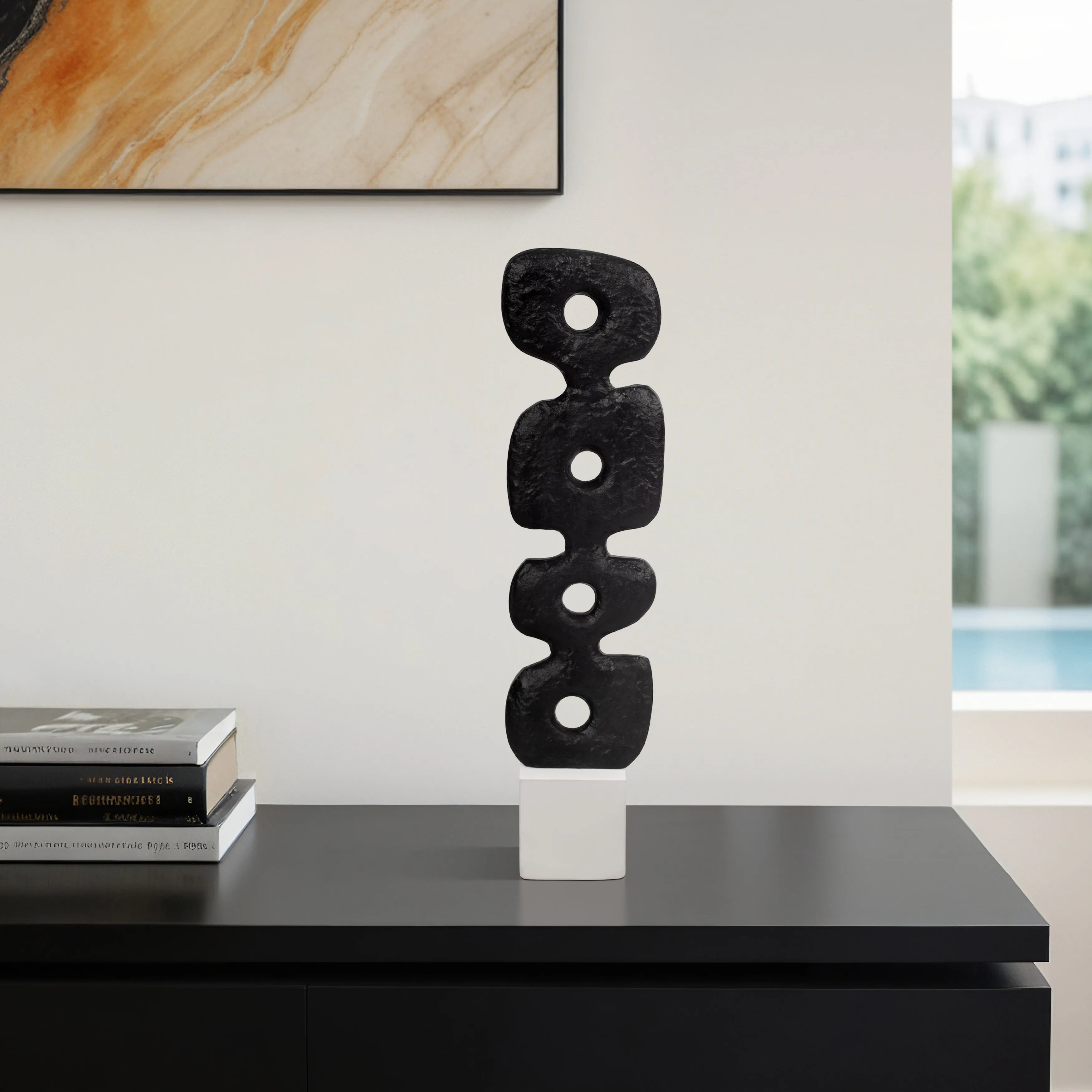 18" Abstract Totem Sculpture  Marble Base, Black/w