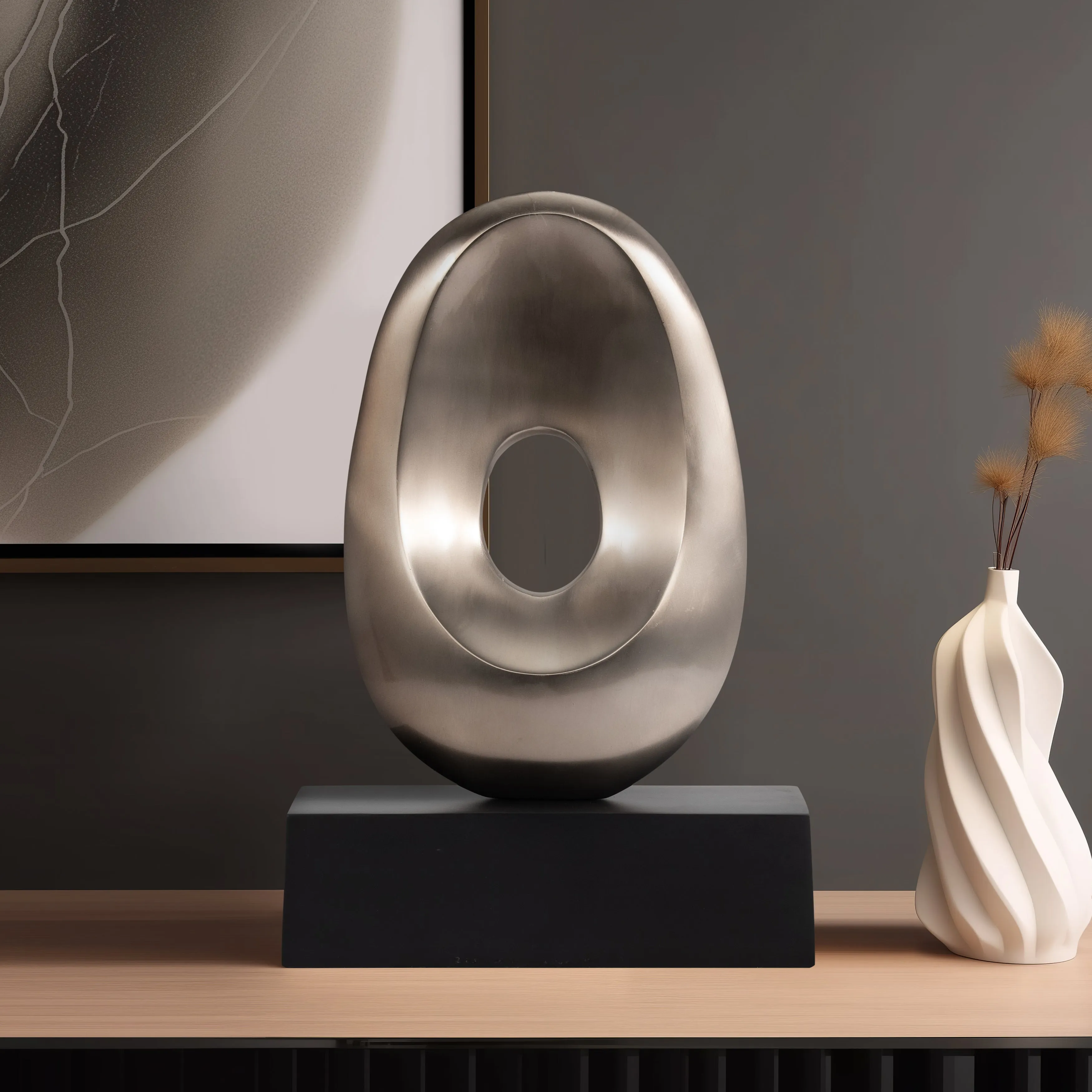 18", METAL OVAL SCULPTURE,SLVR/BLK