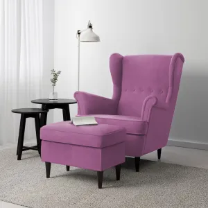 2 Pieces Velvet Chair king with Two Wings And FootStool - Light Purple - E3