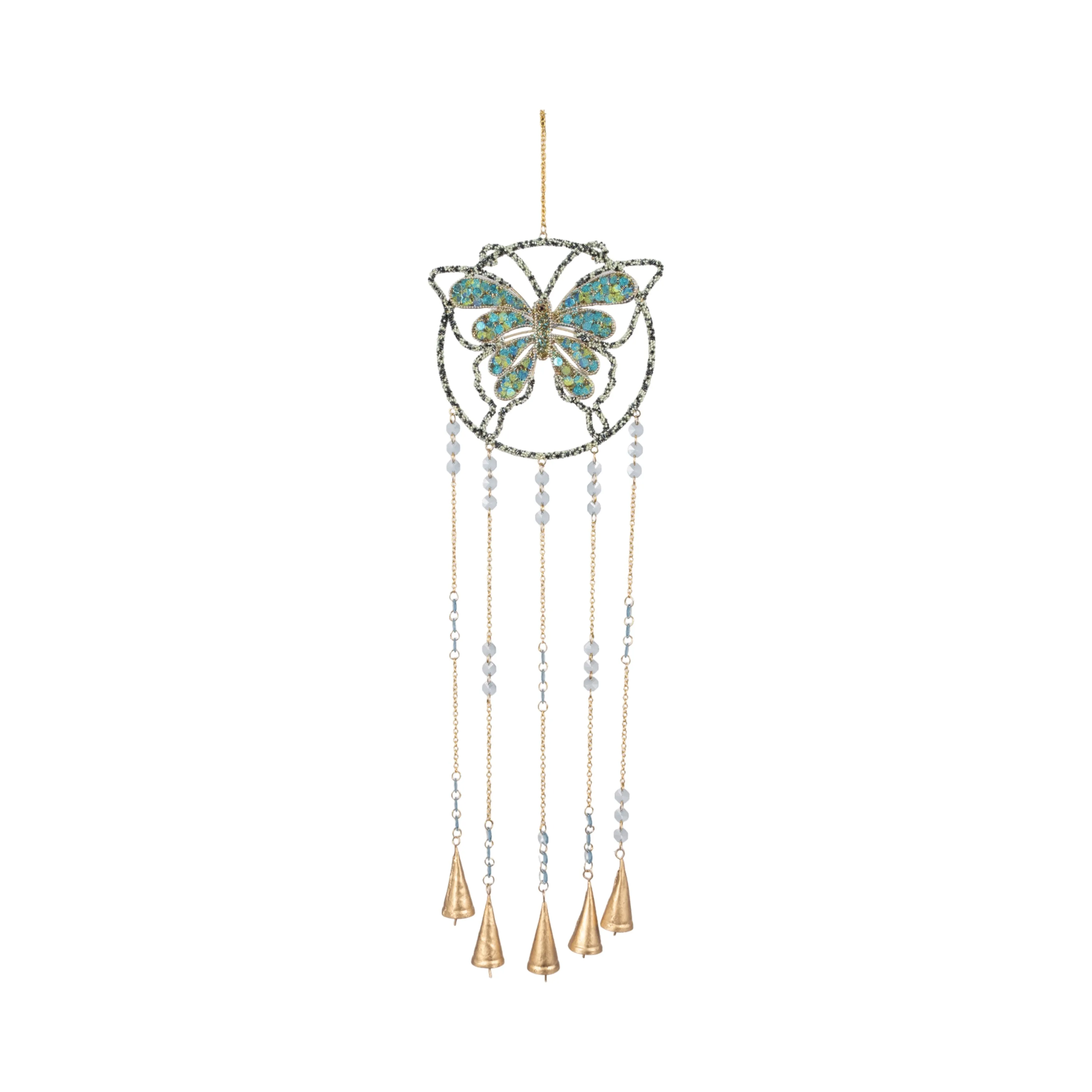 30" Mosaic Butterfly With Bells, Blue/gold