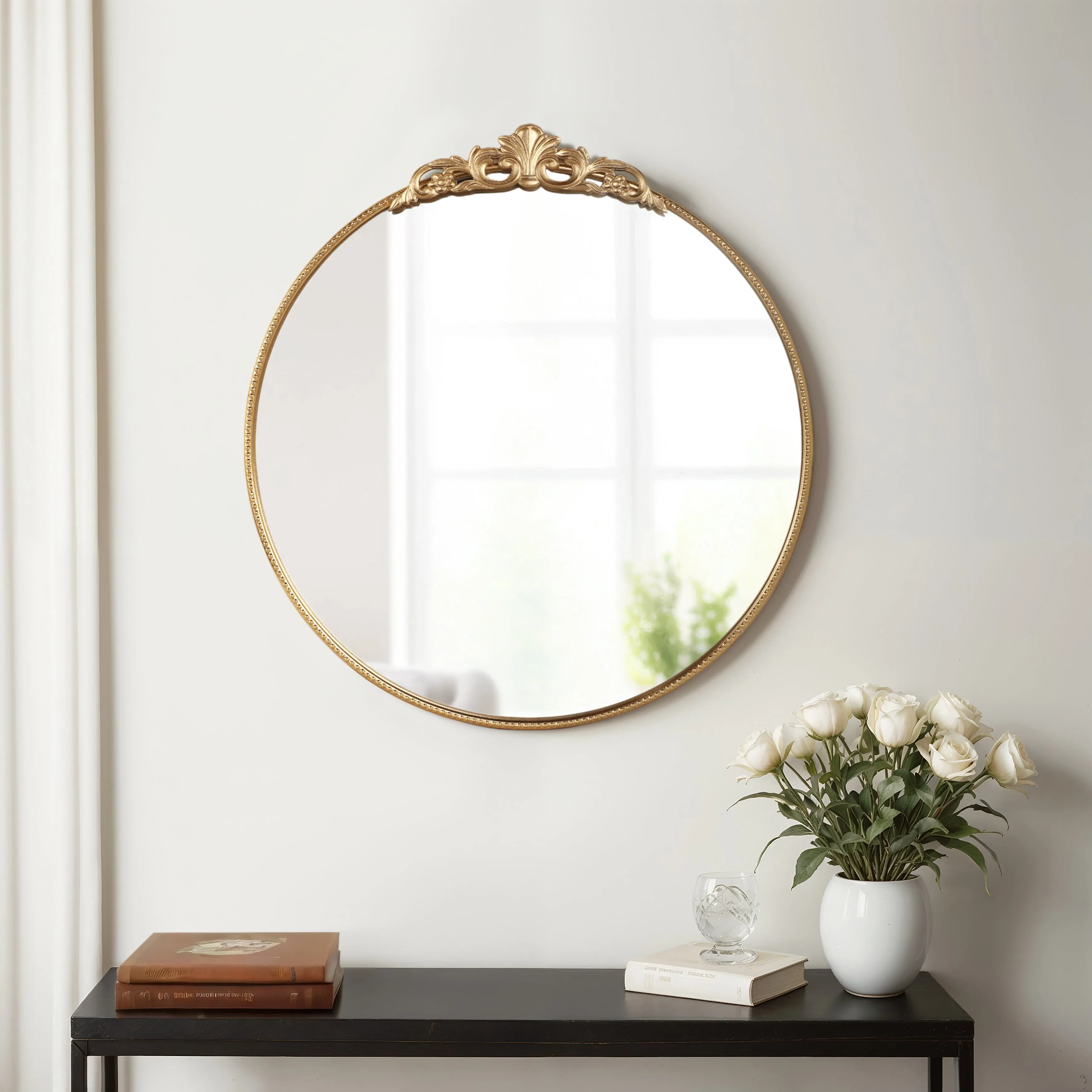 36" Fleur Applique Round Mirror, Gold Wb