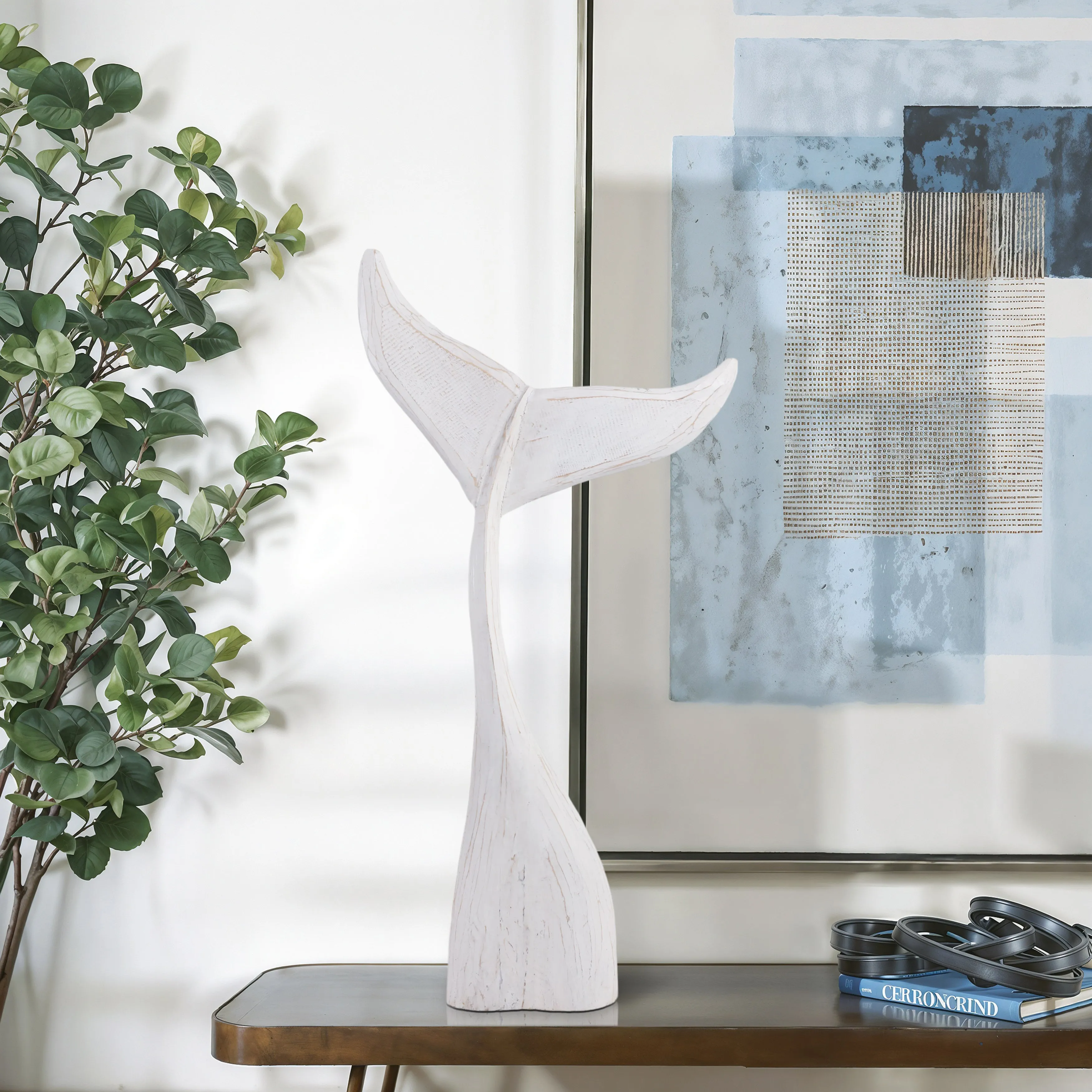 39" Wood Whale Tail Decor, Wht