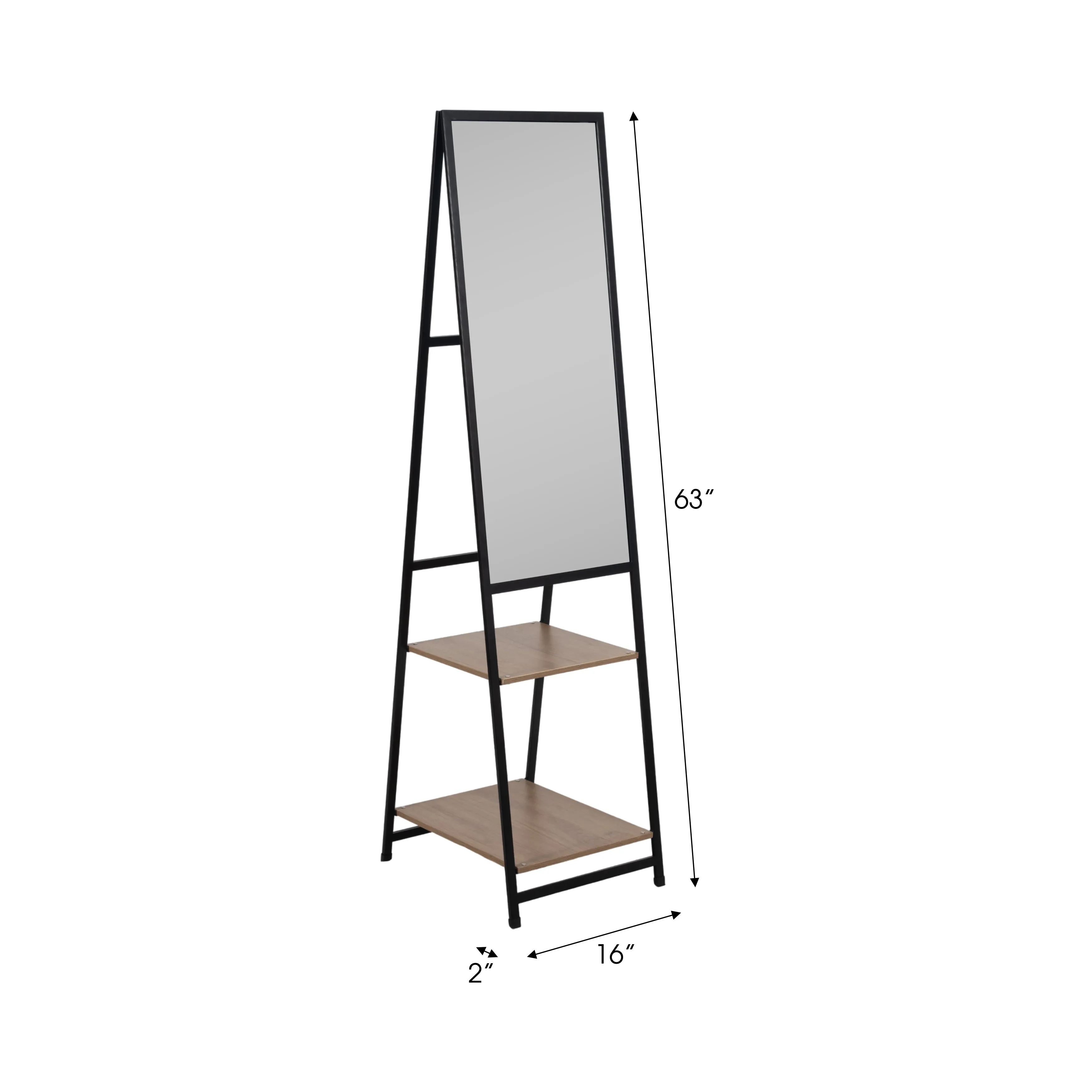 63" Standing Mirror W/ Wood Shelves, Black/natural