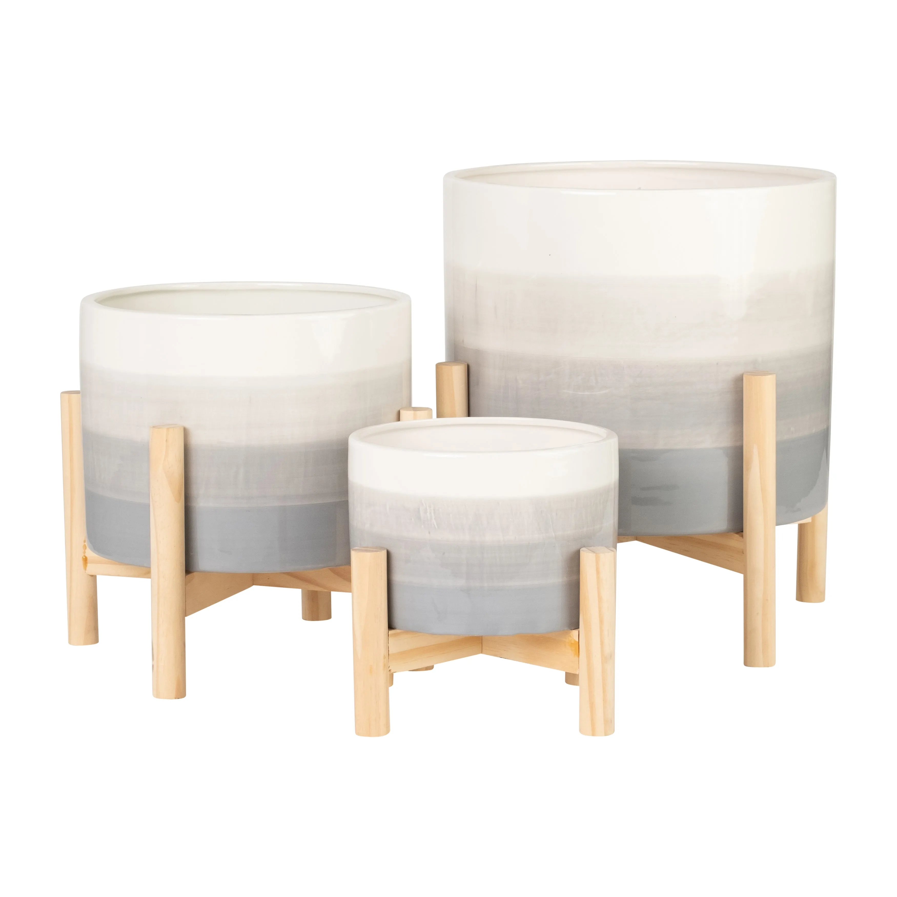 8" CERAMIC PLANTER W/ WOOD STAND, BEIGE MIX