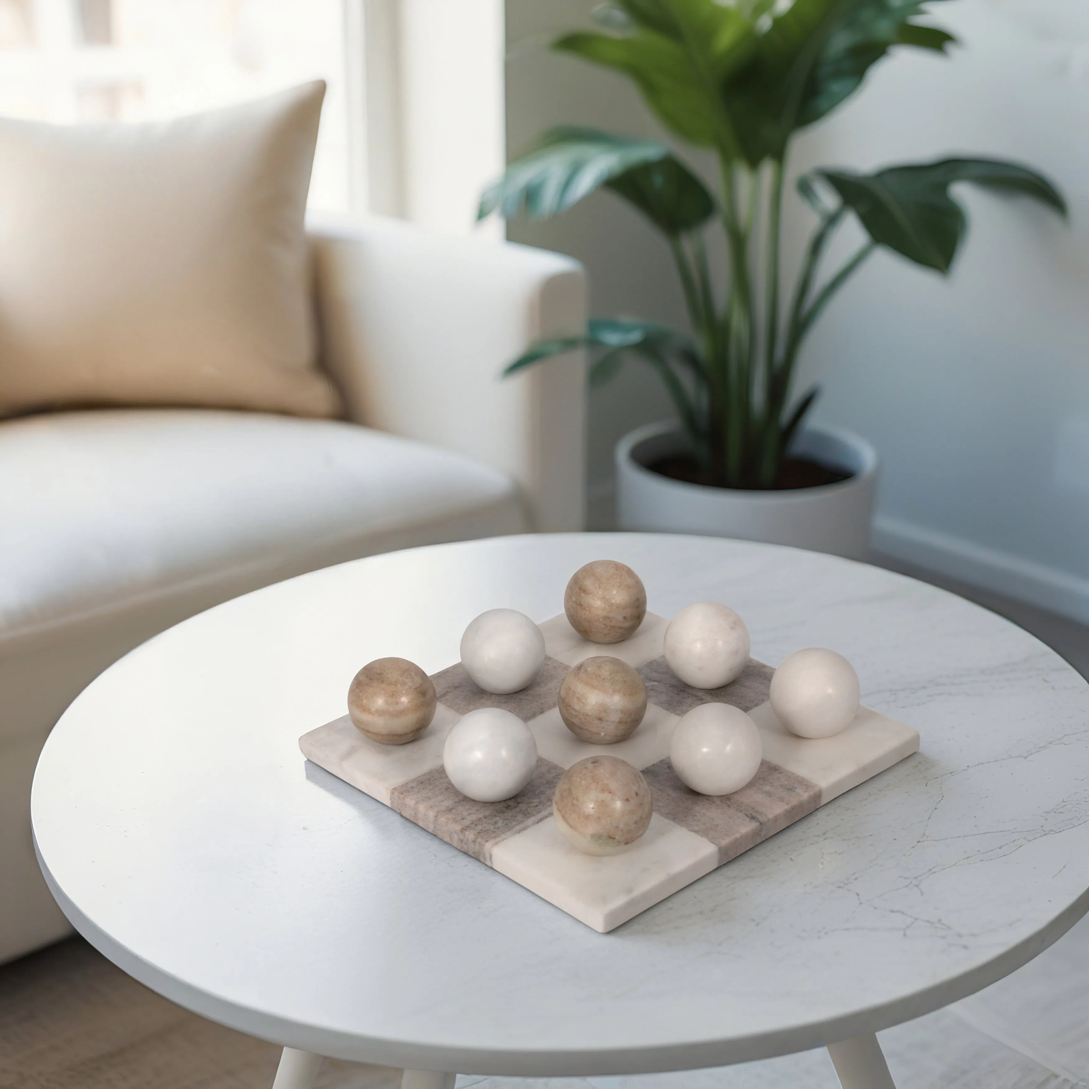 9" Marble Tic-tac-toe, White/beige