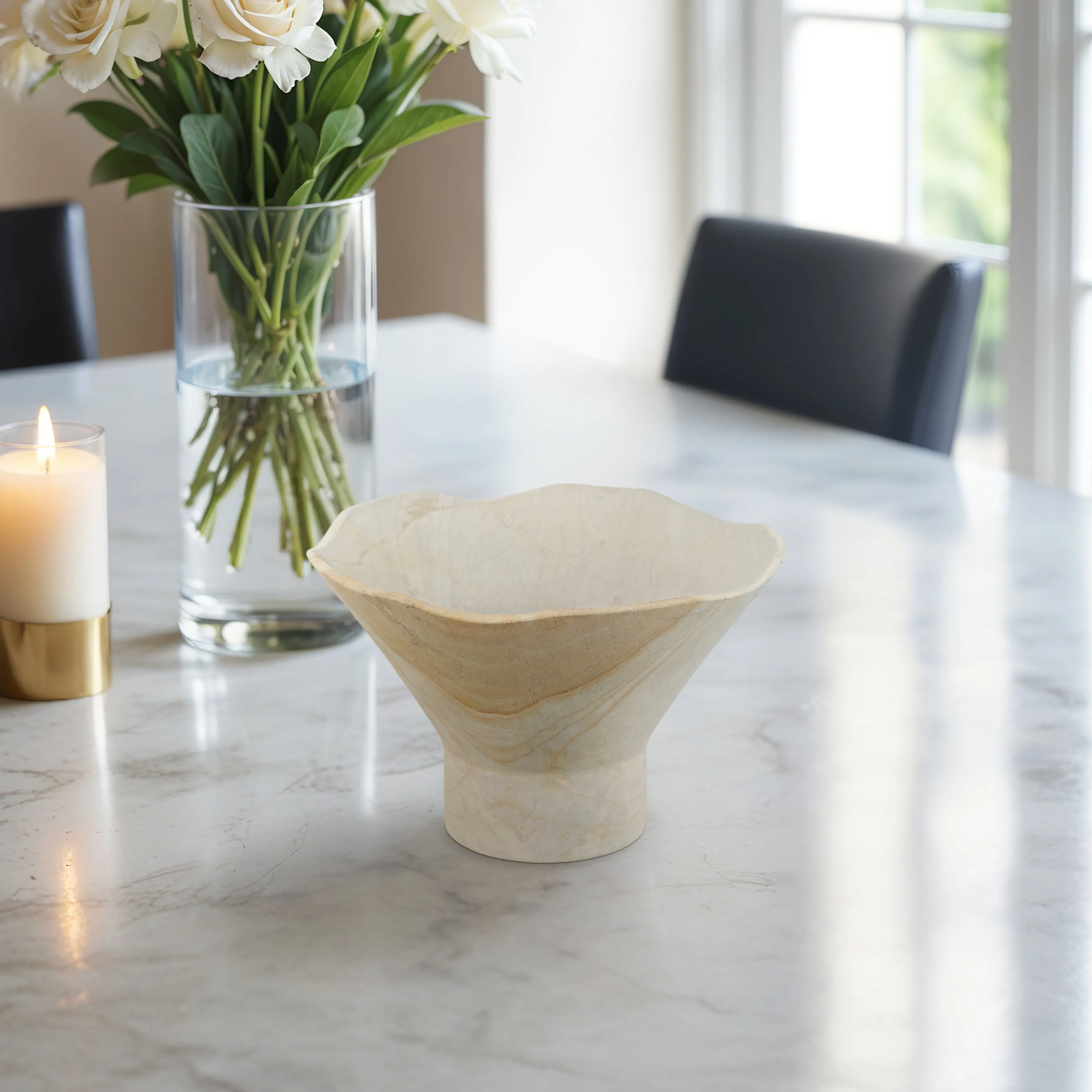9" Sandstone Pedestal Bowl, Tan
