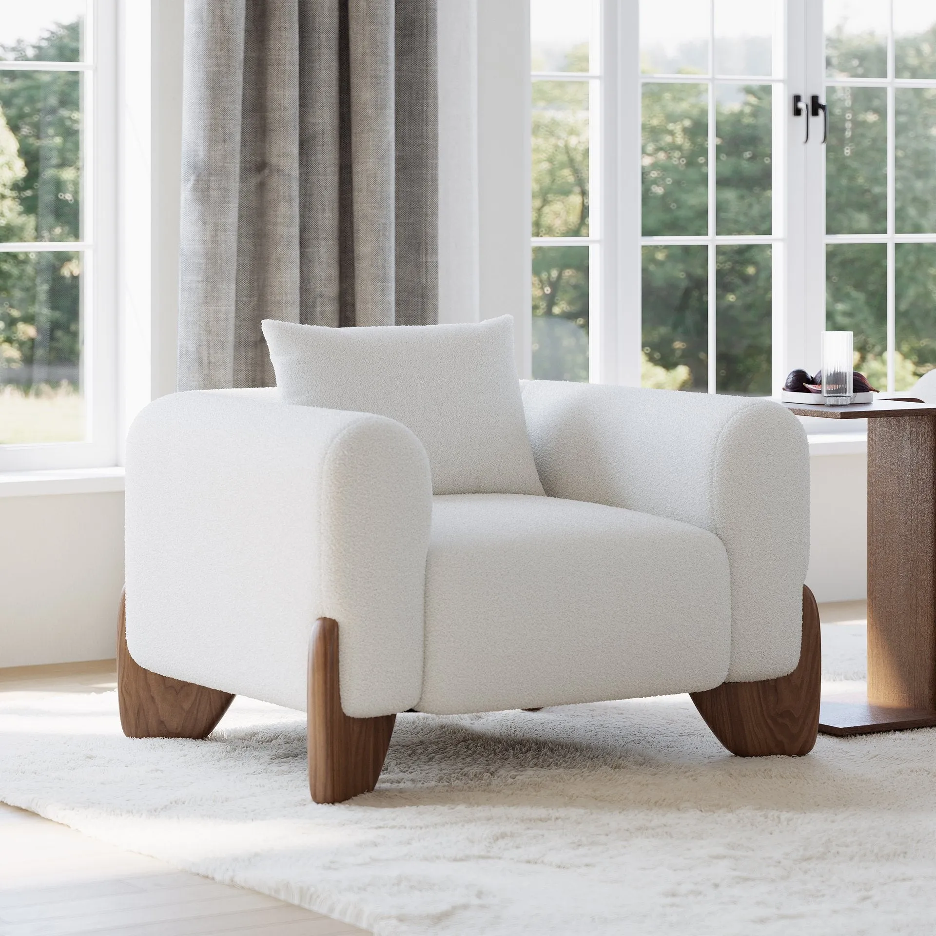 Curva White Boucle Accent Chair with Wood Frame