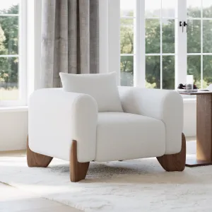 Curva White Boucle Accent Chair with Wood Frame