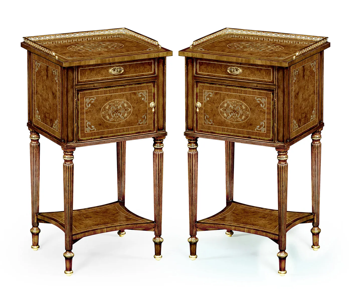 Duchess Collection - Pair of Burl & Mother of Pearl Bedside Cabinets with Undertier