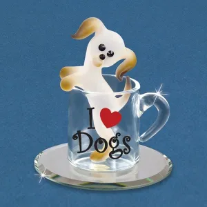 Glass Baron Figurine I Love Dogs Frosted Puppy in a Cup with Black Crystals Glass Figurine