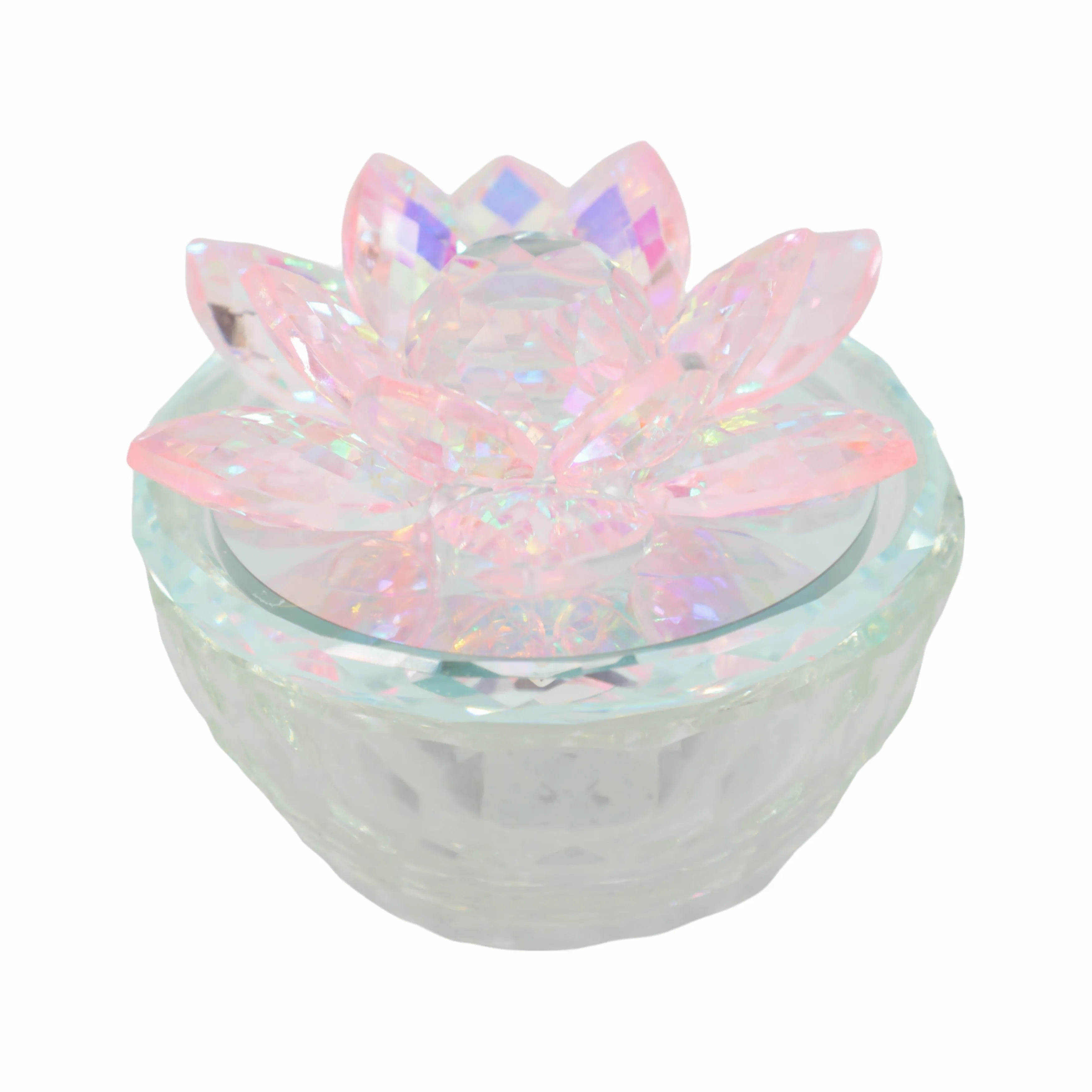 GLASS TRINKET BOX CLEAR W/BLUSH LOTUS TOP