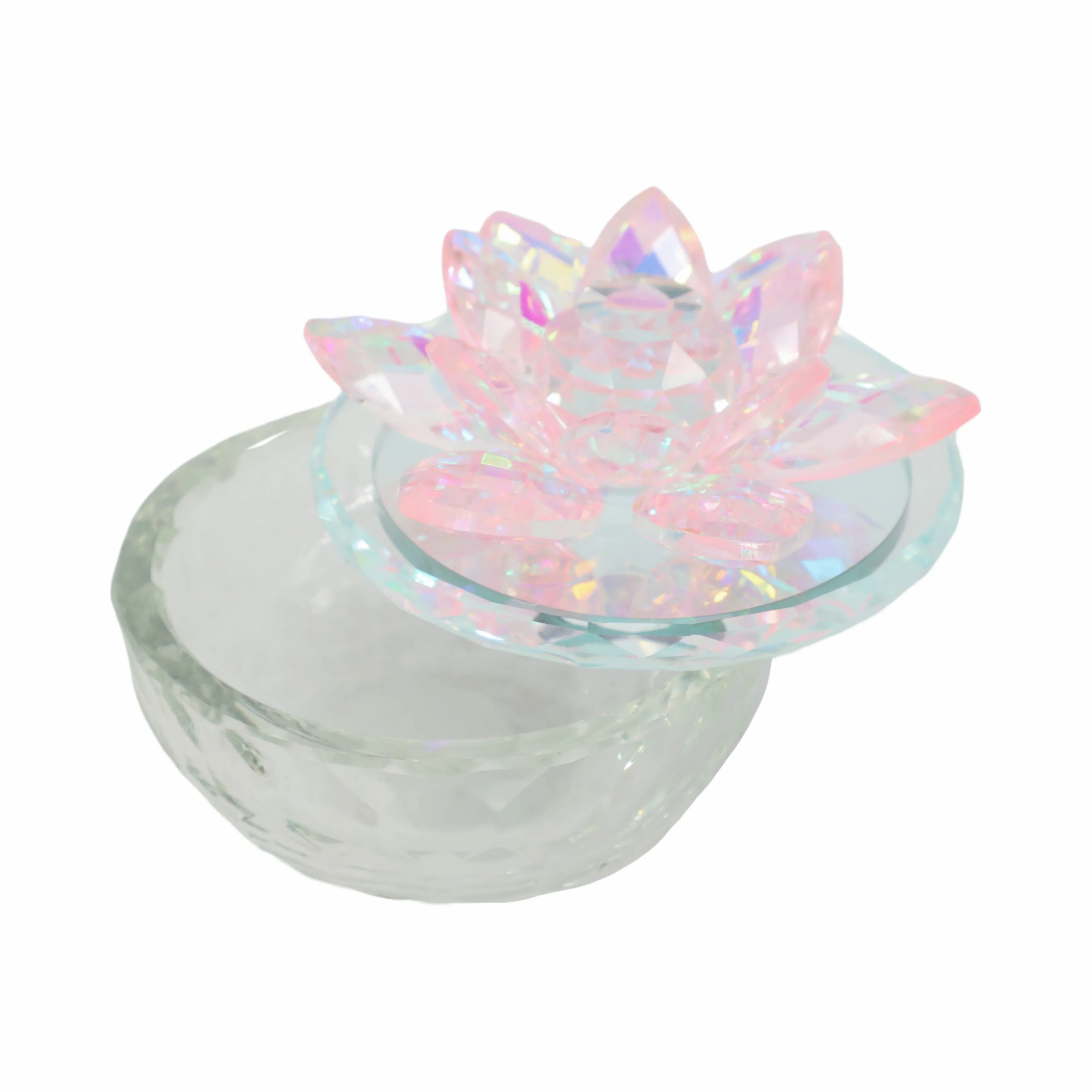 GLASS TRINKET BOX CLEAR W/BLUSH LOTUS TOP