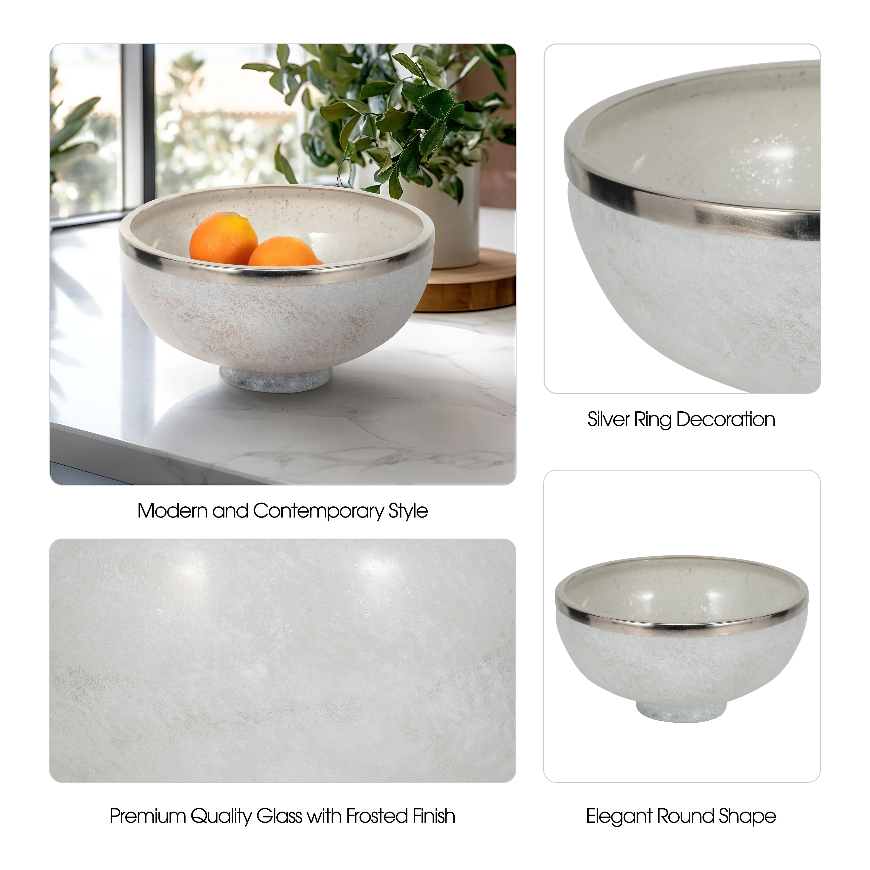 GLASS,13",BOWL W/RING DECO,WHITE