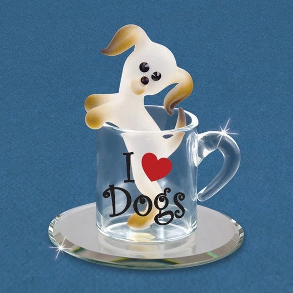 Glass Baron Figurine I Love Dogs Frosted Puppy in a Cup with Black Crystals Glass Figurine