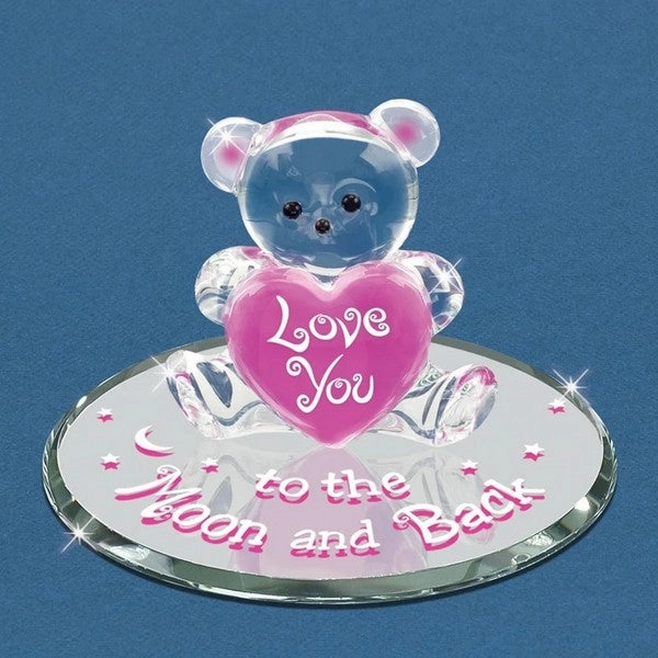 Glass Baron Figurine Love You To the Moon and Back Bear with Pink Heart Glass Figurine