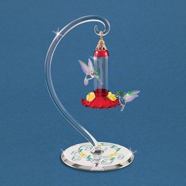 Glass Baron Figurine Two Hummingbirds Hover Over Hanging Bird Feeder Glass Figurine