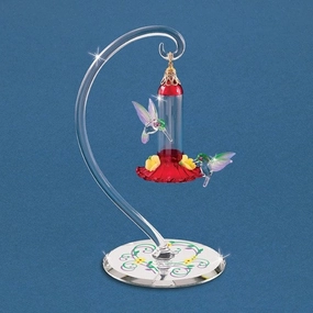 Glass Baron Figurine Two Hummingbirds Hover Over Hanging Bird Feeder Glass Figurine