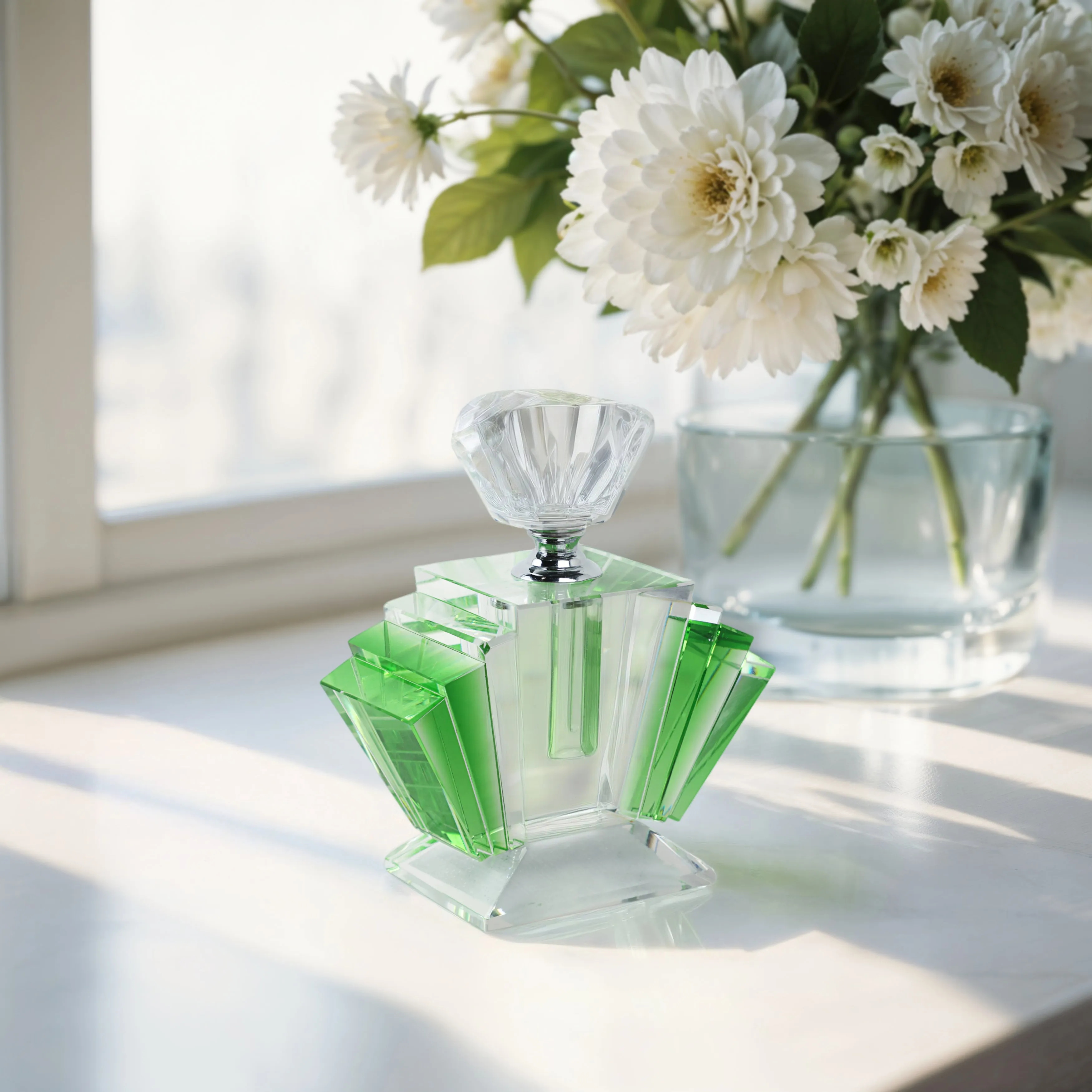 GREEN CRYSTAL PERFUME BOTTLE 4.75"