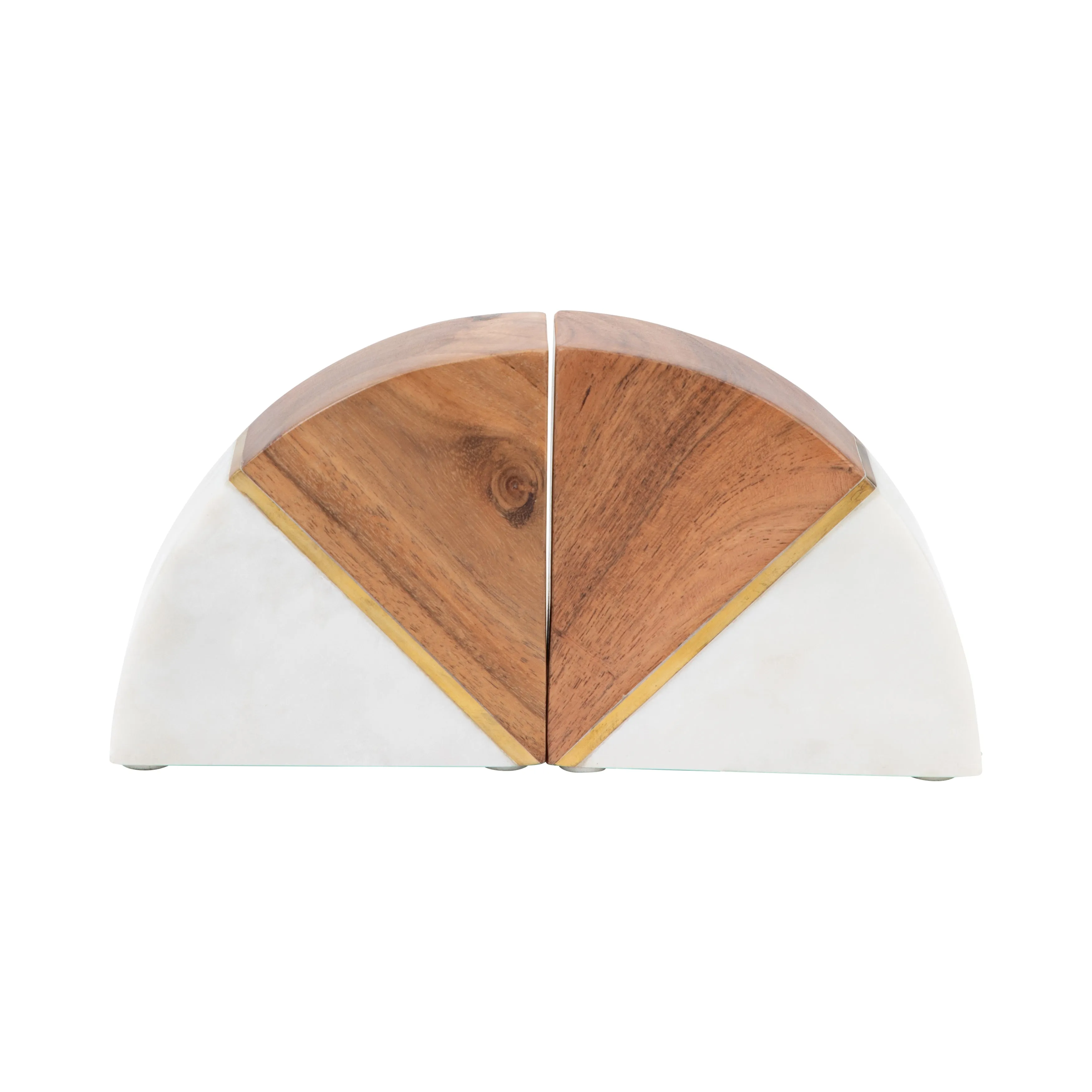 Marble, S/2 5" Bookends W/ Wood And Brass Detail,