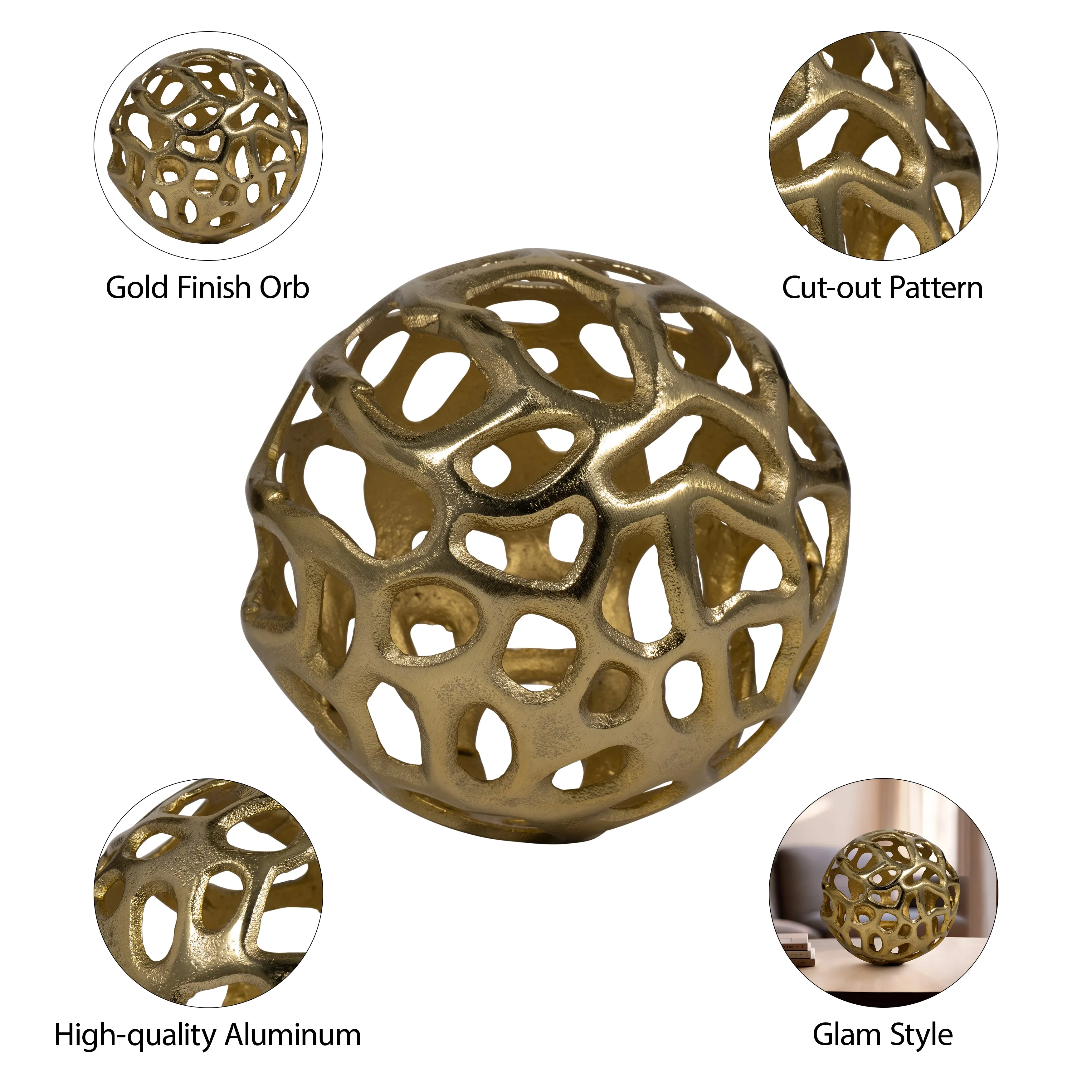 Metal, 6" Cut-out Orb, Gold