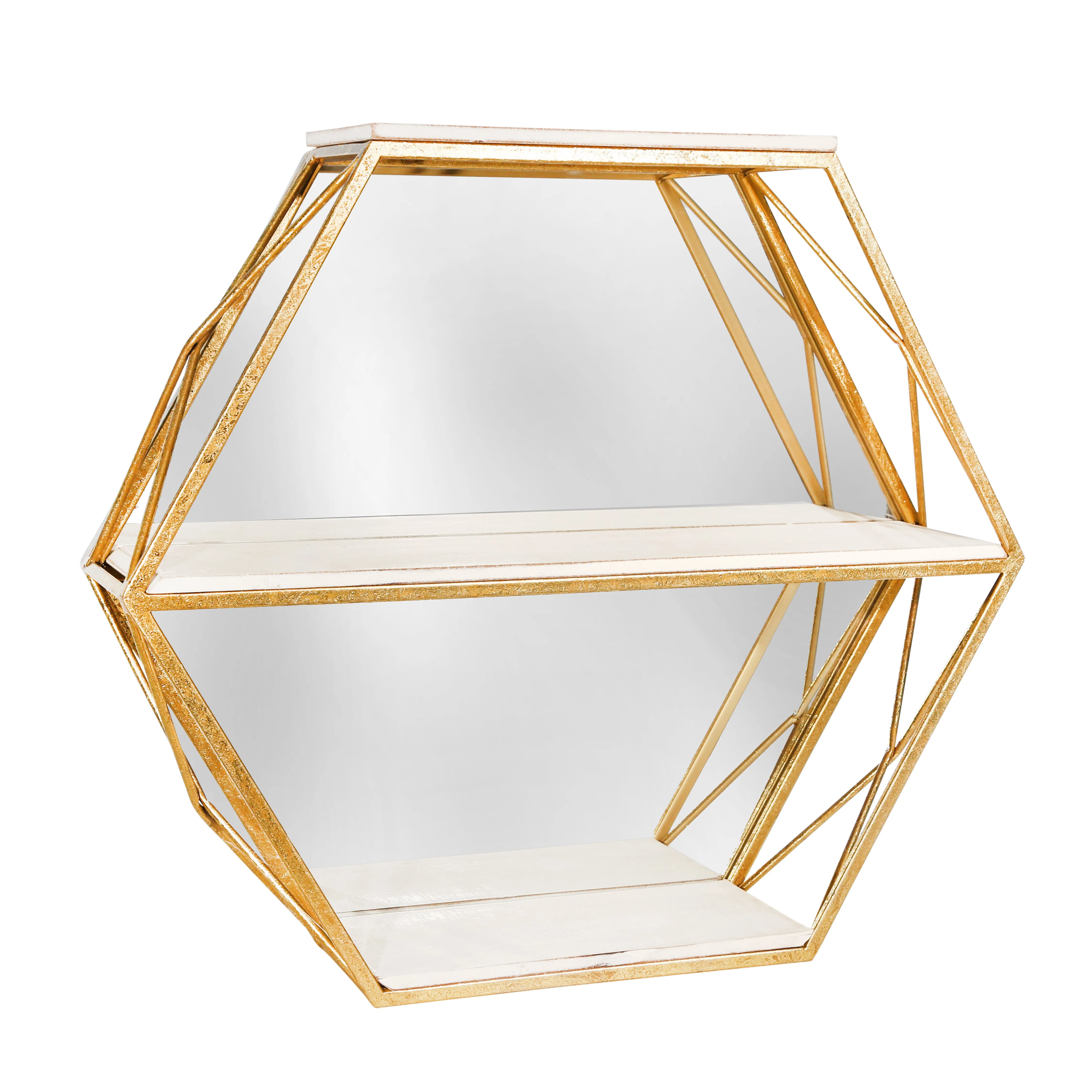 METAL / WOOD 3 TIER HEXAGON WALL SHELF W/ MIRROR,