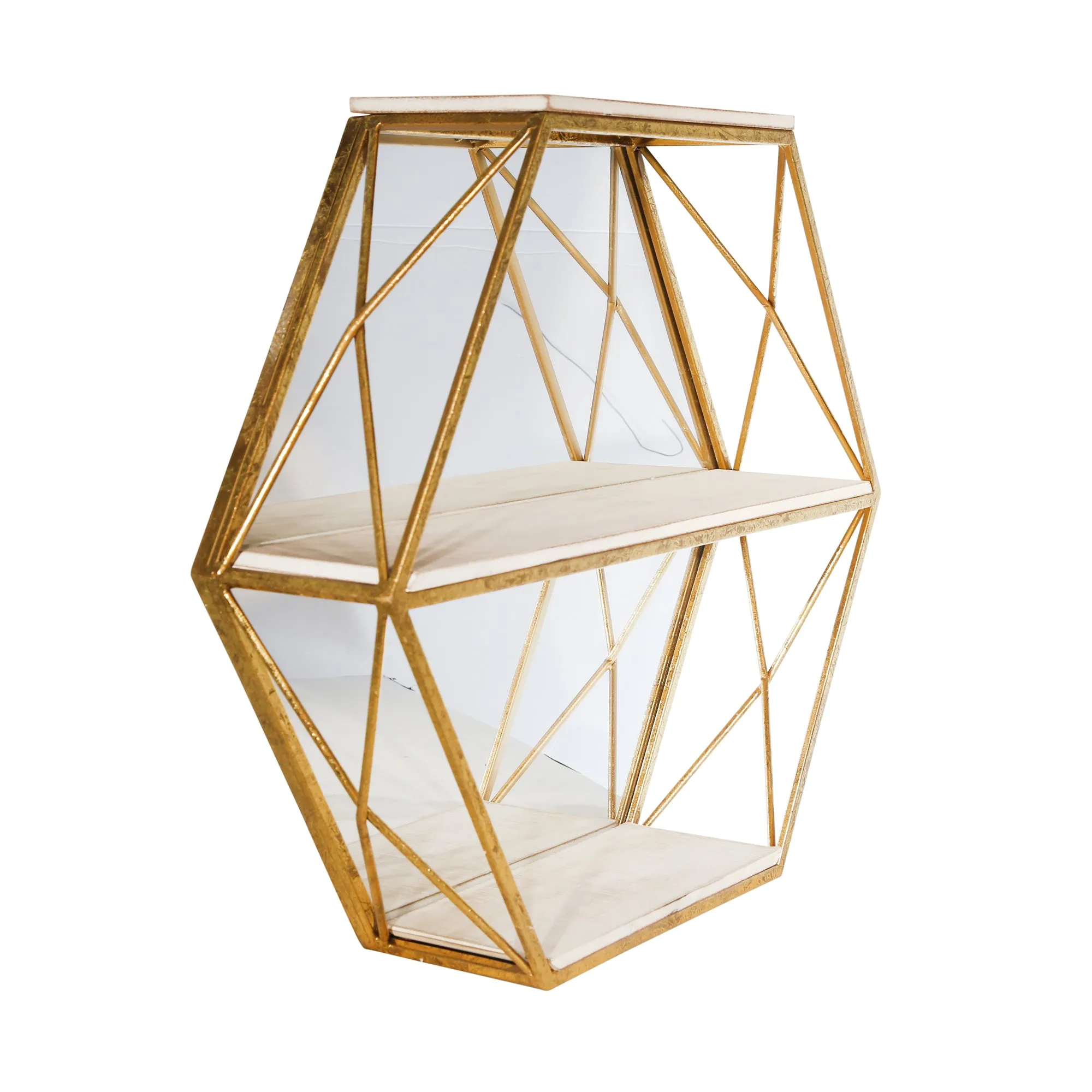 METAL / WOOD 3 TIER HEXAGON WALL SHELF W/ MIRROR,