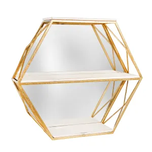 METAL / WOOD 3 TIER HEXAGON WALL SHELF W/ MIRROR,
