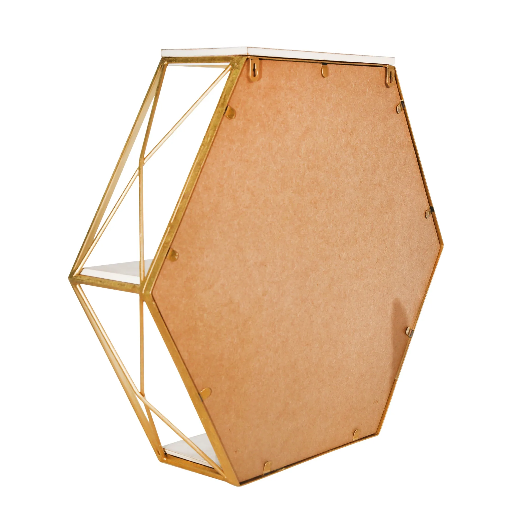 METAL / WOOD 3 TIER HEXAGON WALL SHELF W/ MIRROR,