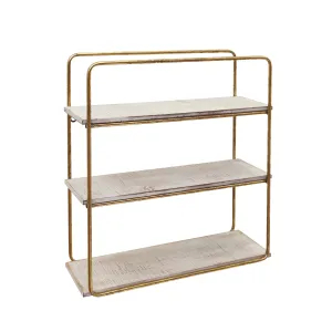 METAL / WOOD 3 TIER WALL SHELF, GOLD