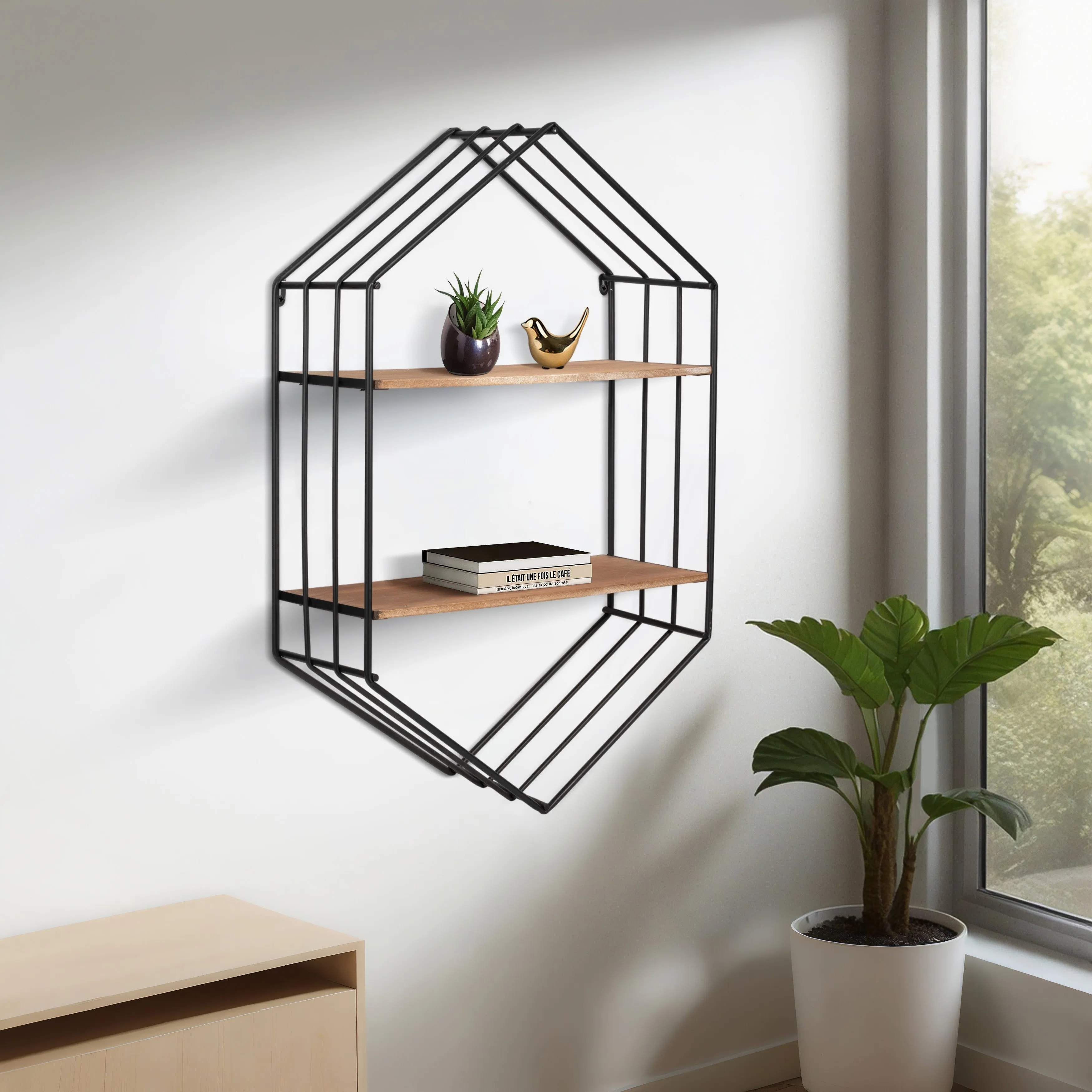 METAL/WOOD 20" HEXAGON SHELF, BROWN/BLACK