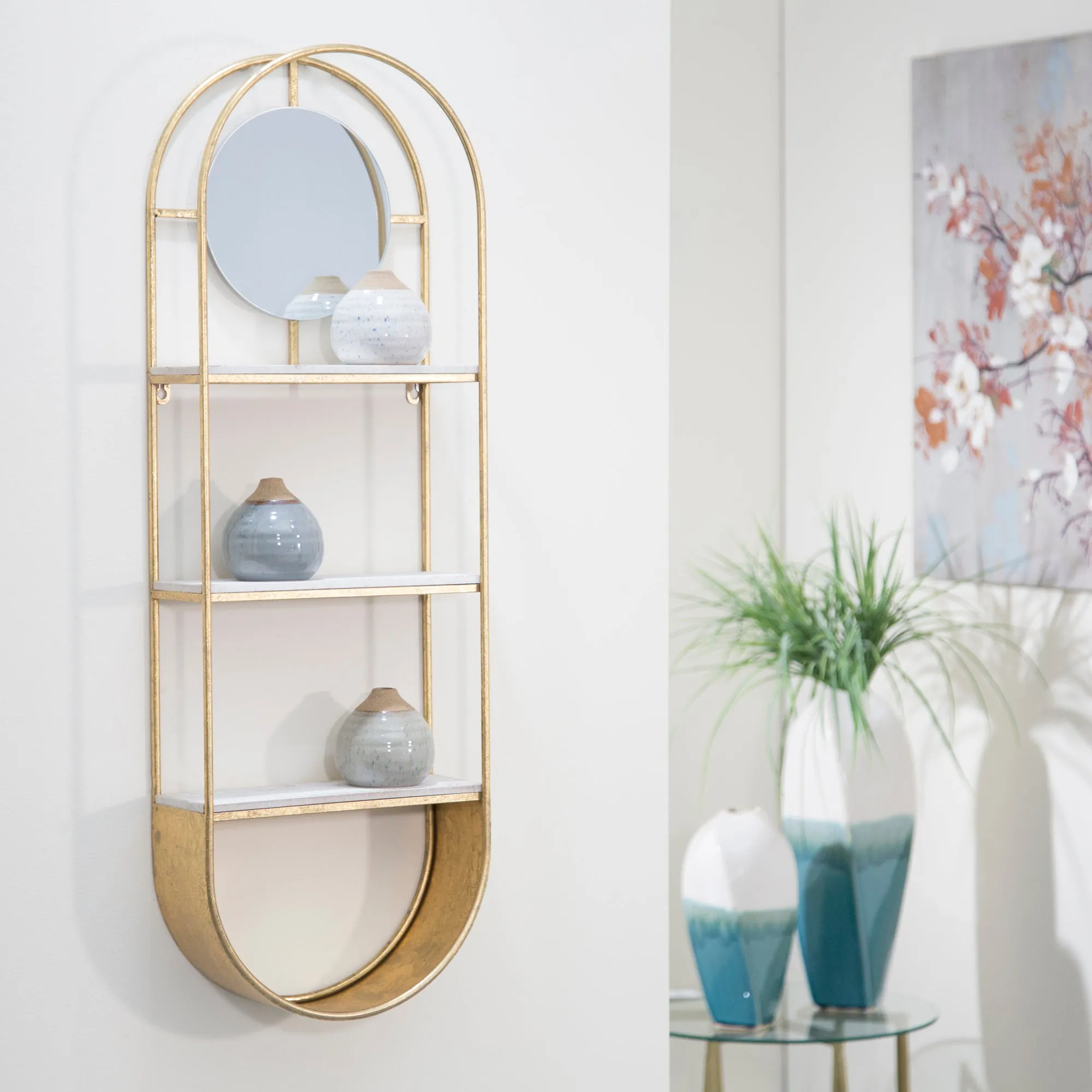 METAL/WOOD 35" OVAL WALL SHELFW/ MIRROR, GOLD