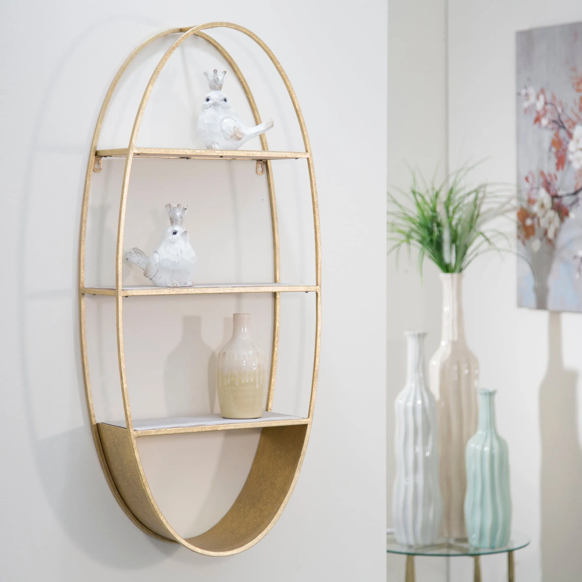 OVAL 36" WOOD/METAL WALL SHELF, WHITE WASH