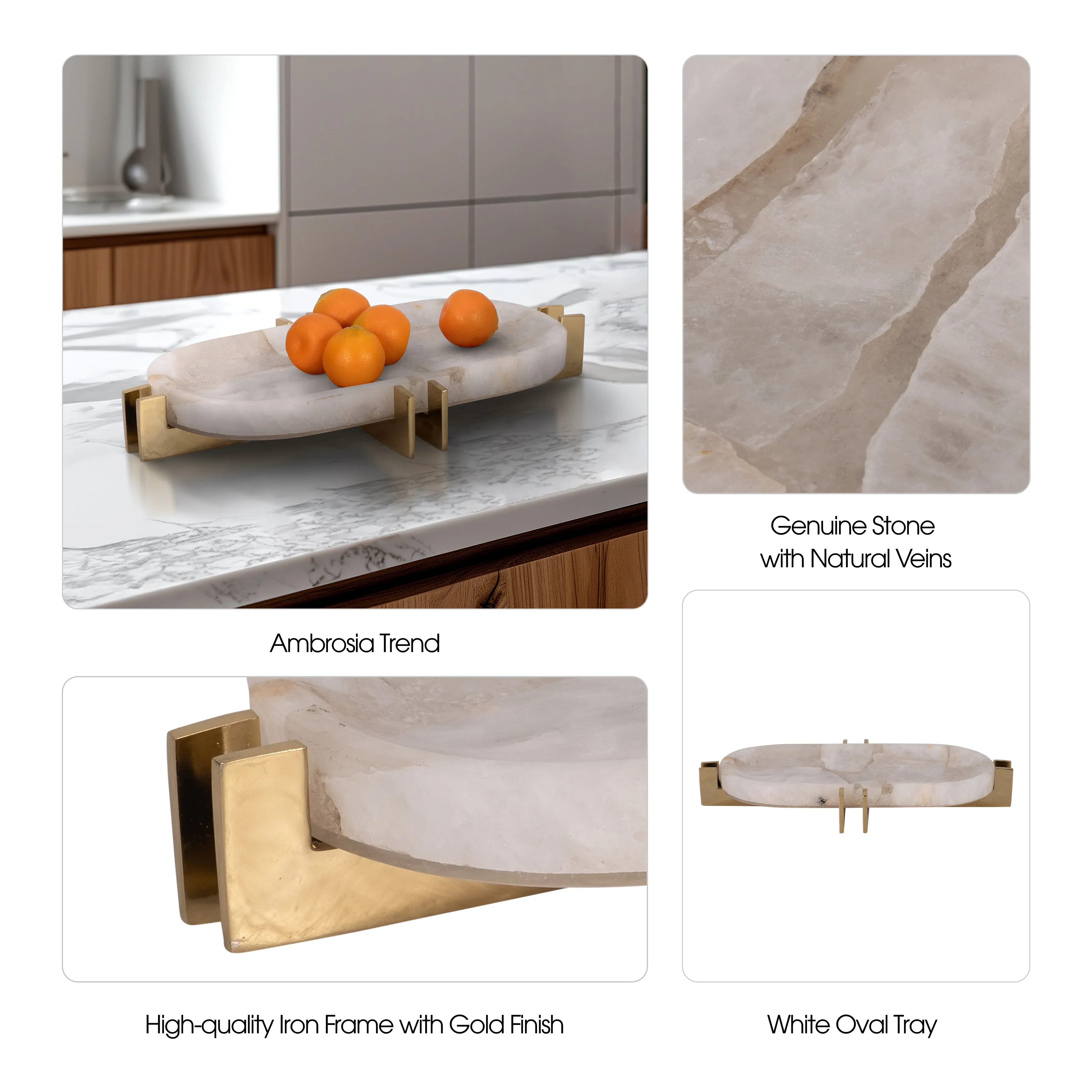 Quartz, 14" White Tray With Gold Details, White/go
