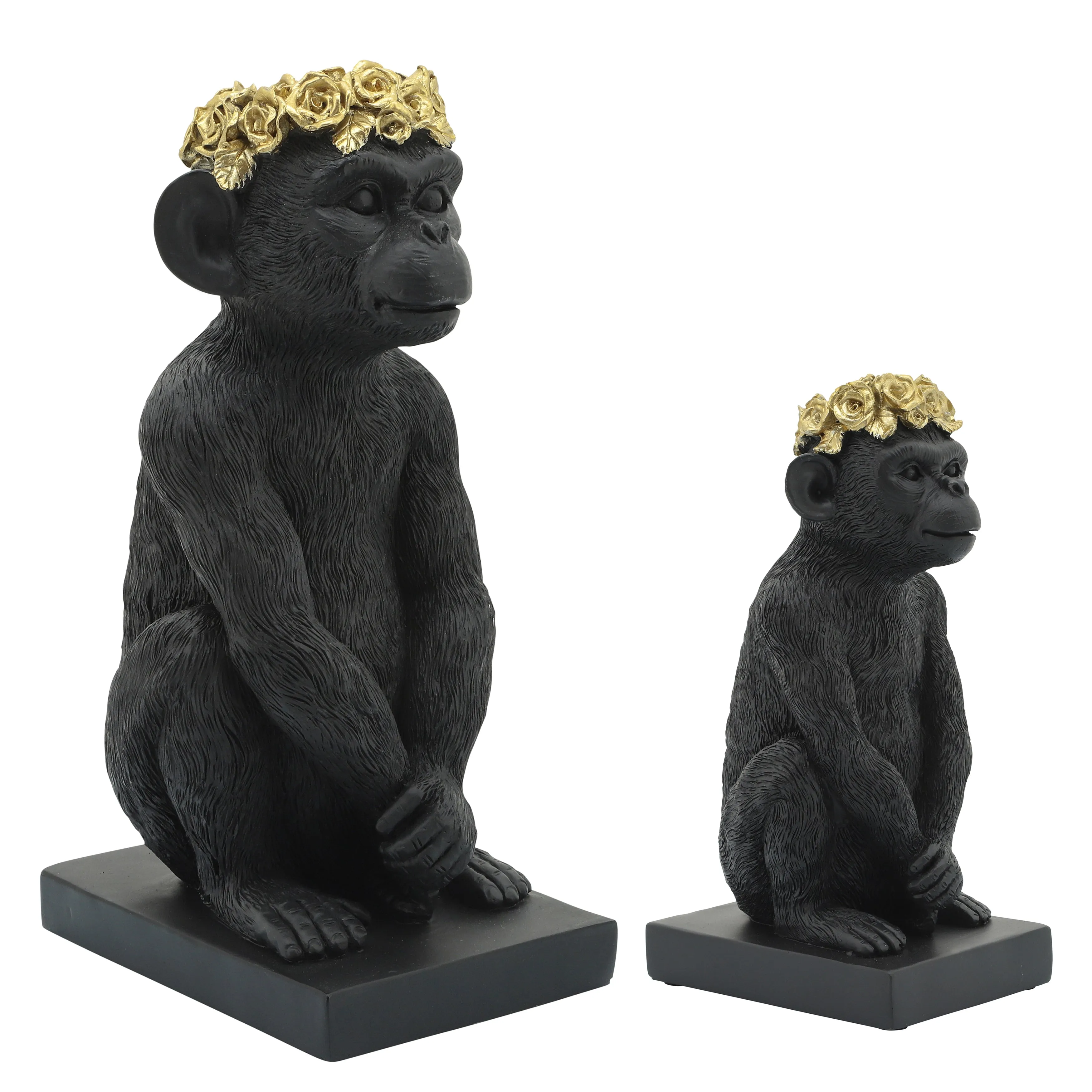 RES, 8" MONKEY FLOWER CROWN FIGURINE,  BLK/GLD