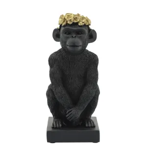 RES, 8" MONKEY FLOWER CROWN FIGURINE,  BLK/GLD