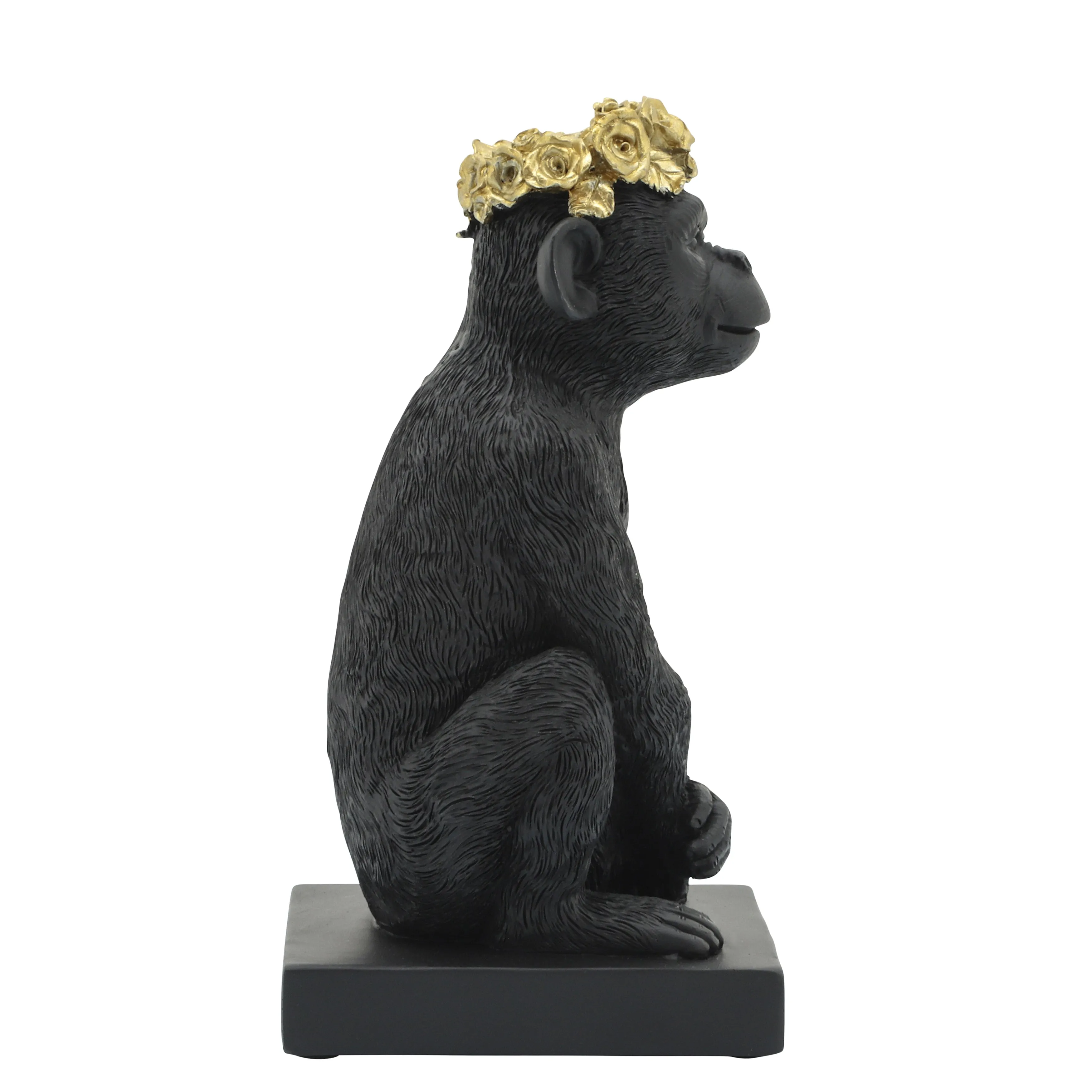 RES, 8" MONKEY FLOWER CROWN FIGURINE,  BLK/GLD