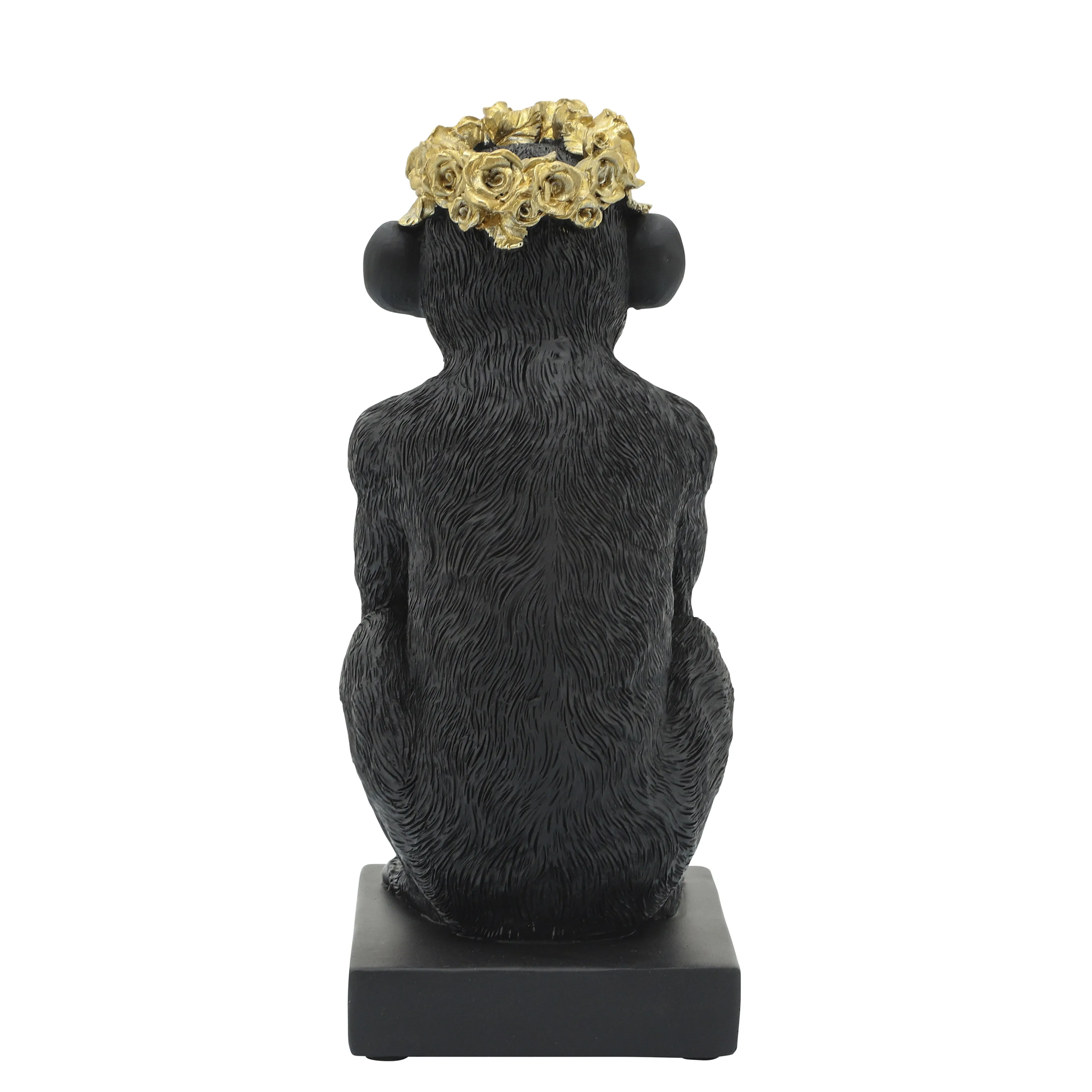 RES, 8" MONKEY FLOWER CROWN FIGURINE,  BLK/GLD