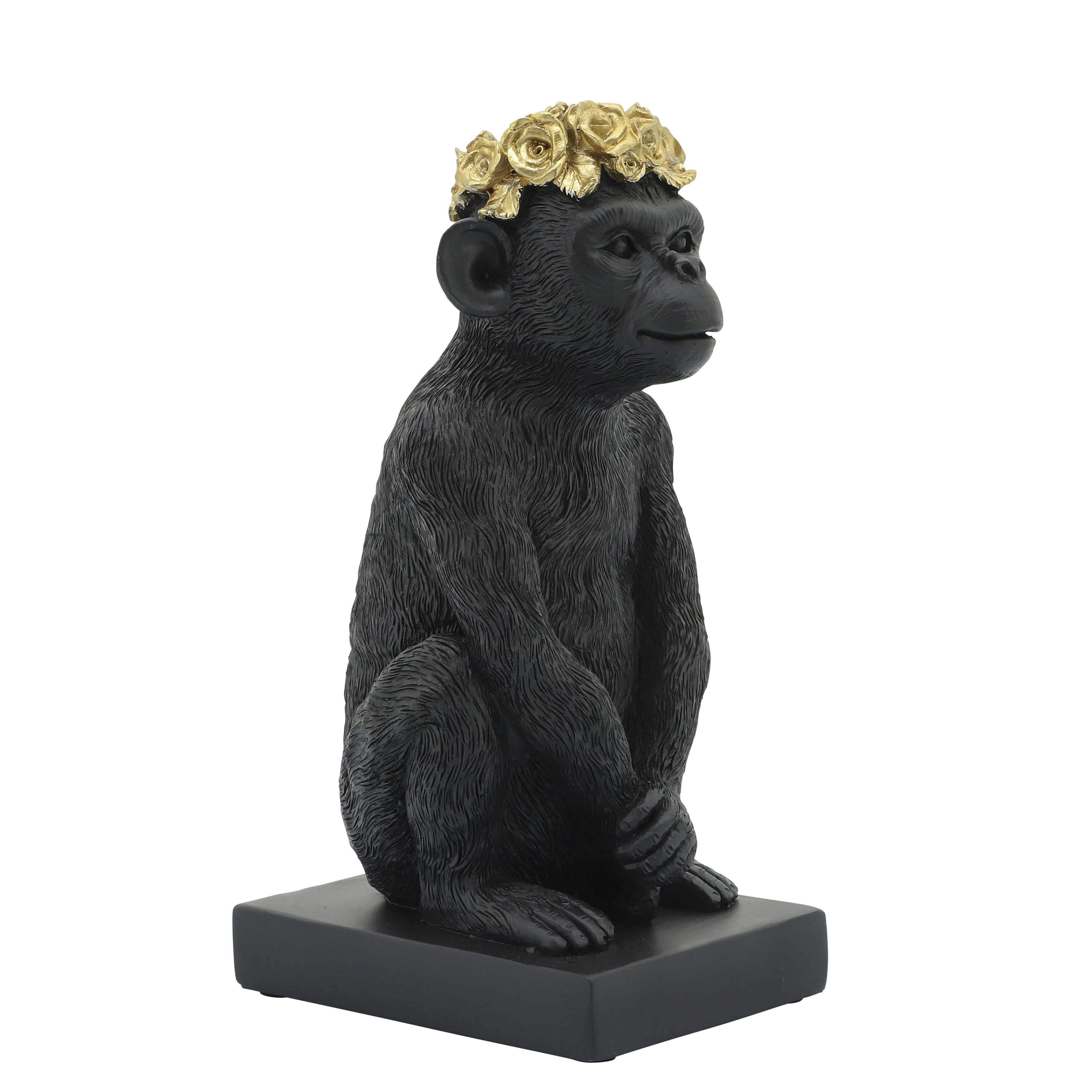 RES, 8" MONKEY FLOWER CROWN FIGURINE,  BLK/GLD
