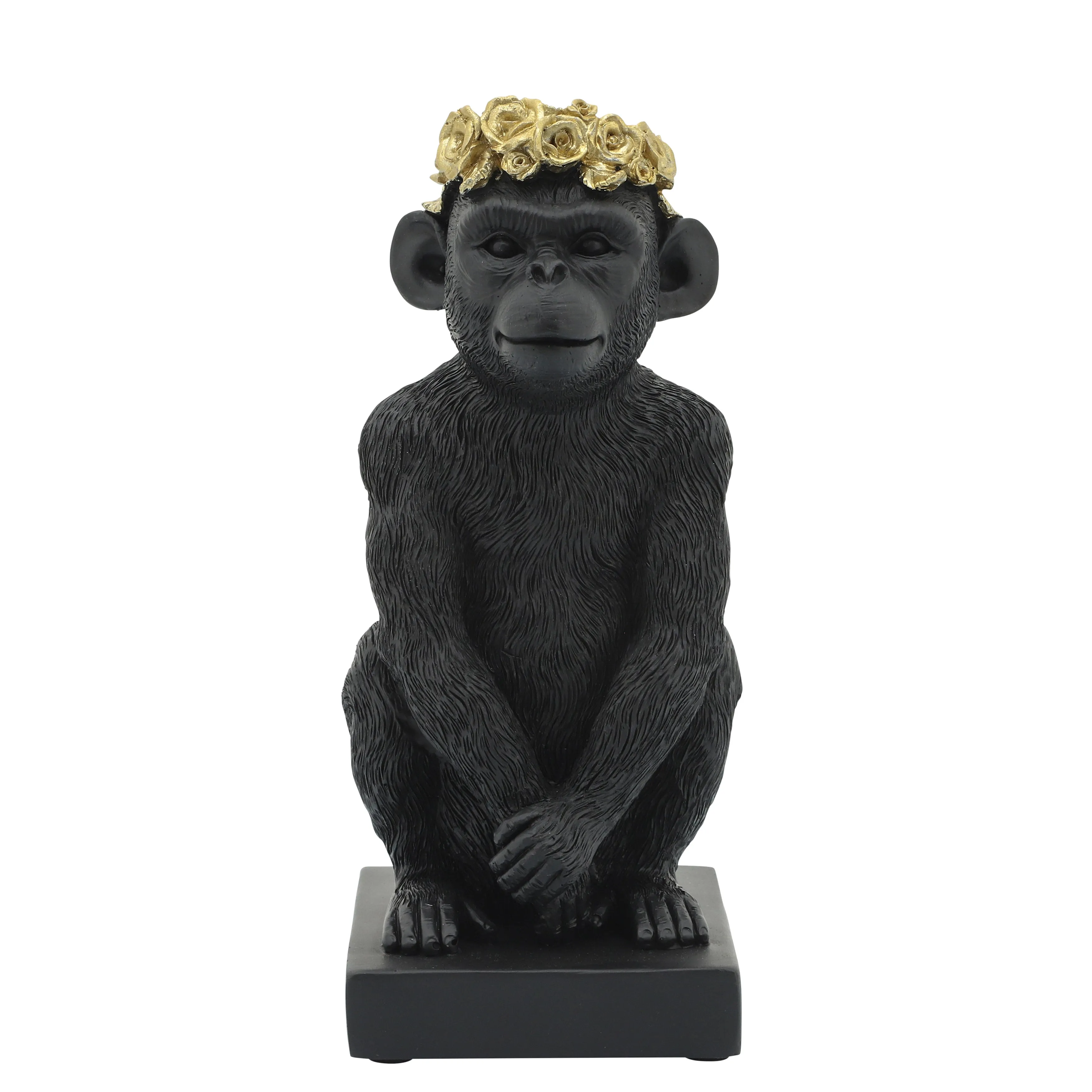 RES, 8" MONKEY FLOWER CROWN FIGURINE,  BLK/GLD