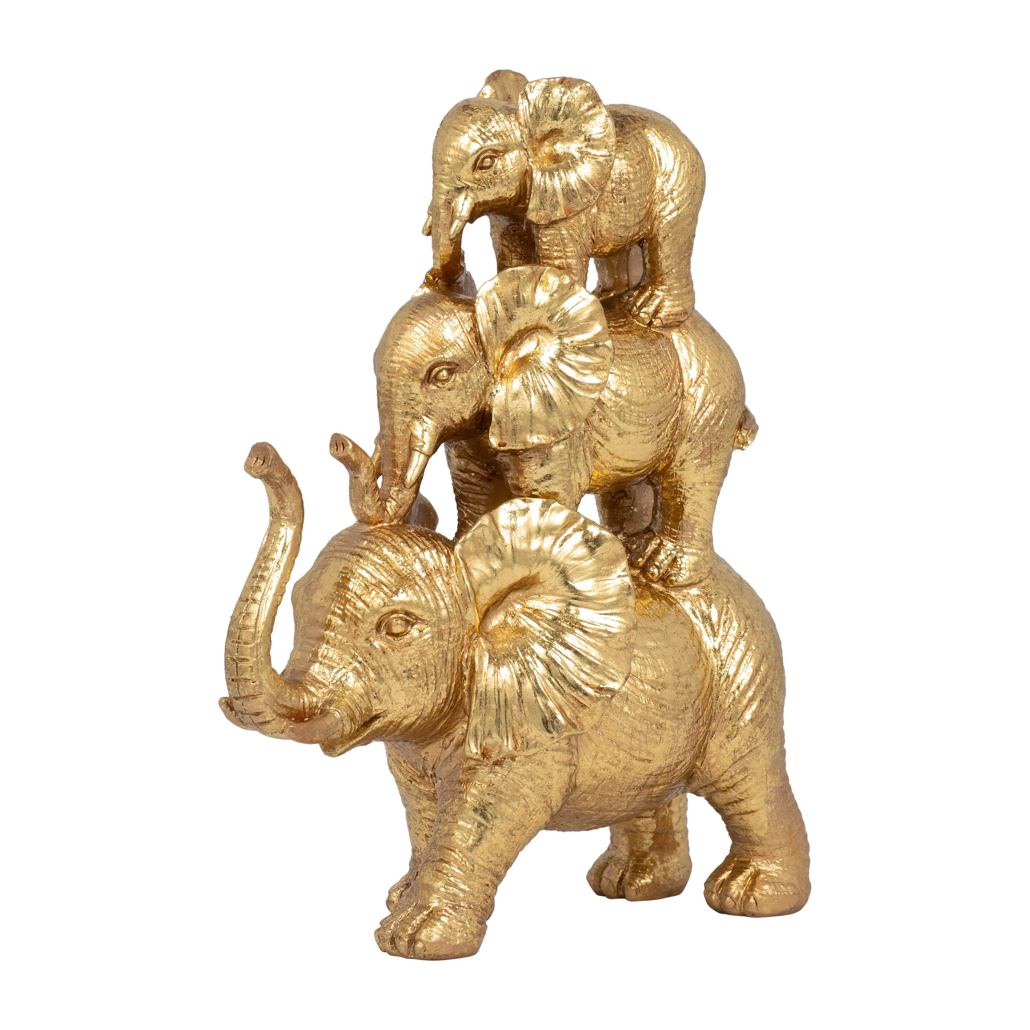 RESIN, 10" STACKED RAISED TRUNK ELEPHANTS, GOLD