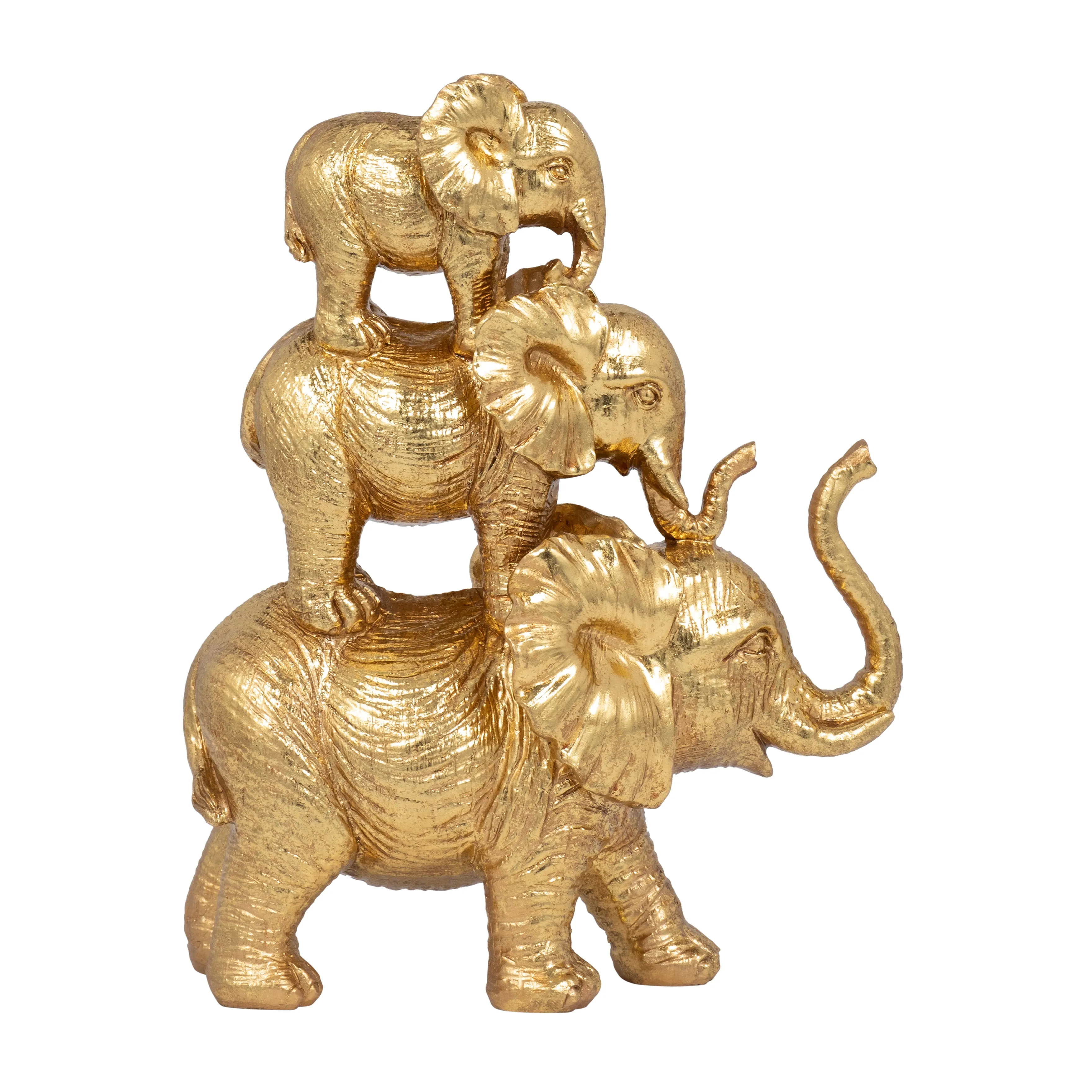 RESIN, 10" STACKED RAISED TRUNK ELEPHANTS, GOLD