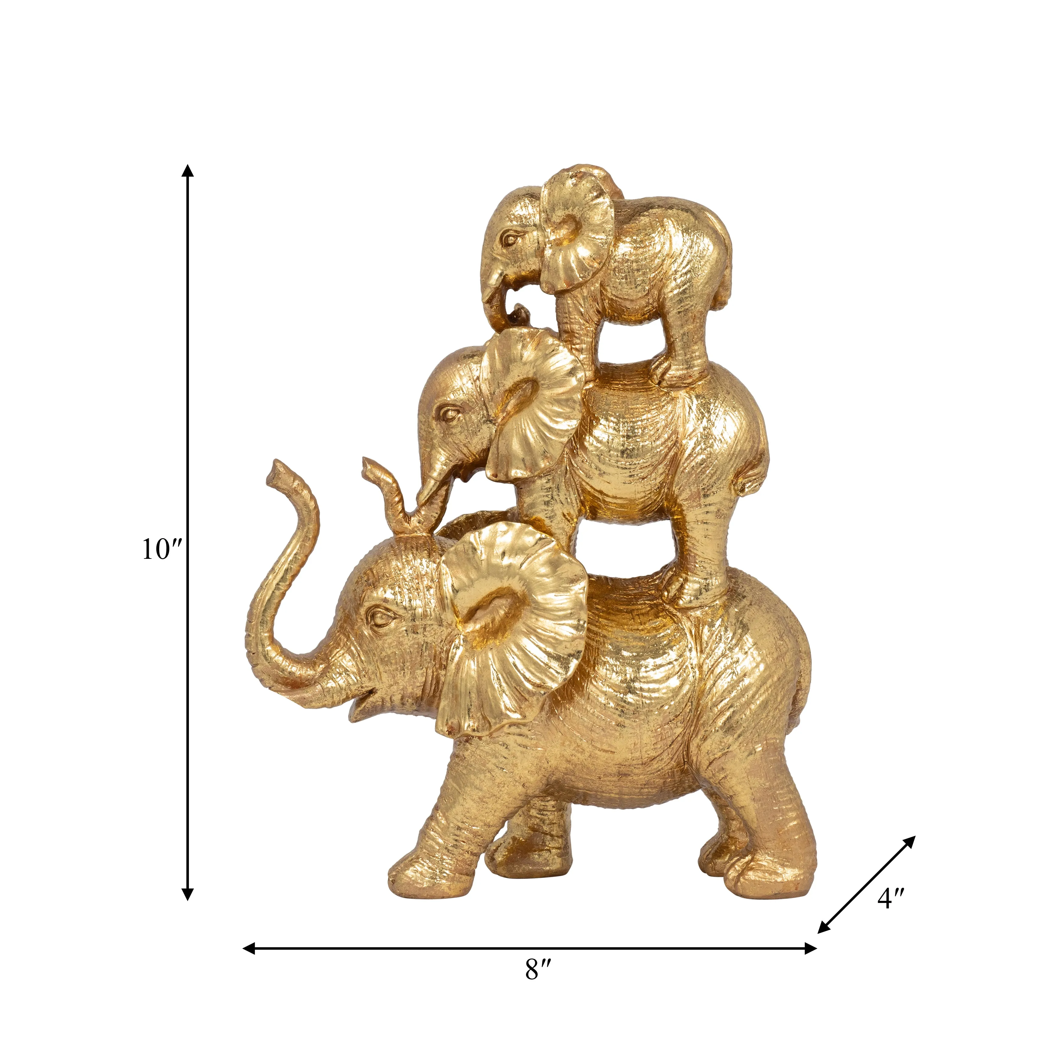 RESIN, 10" STACKED RAISED TRUNK ELEPHANTS, GOLD