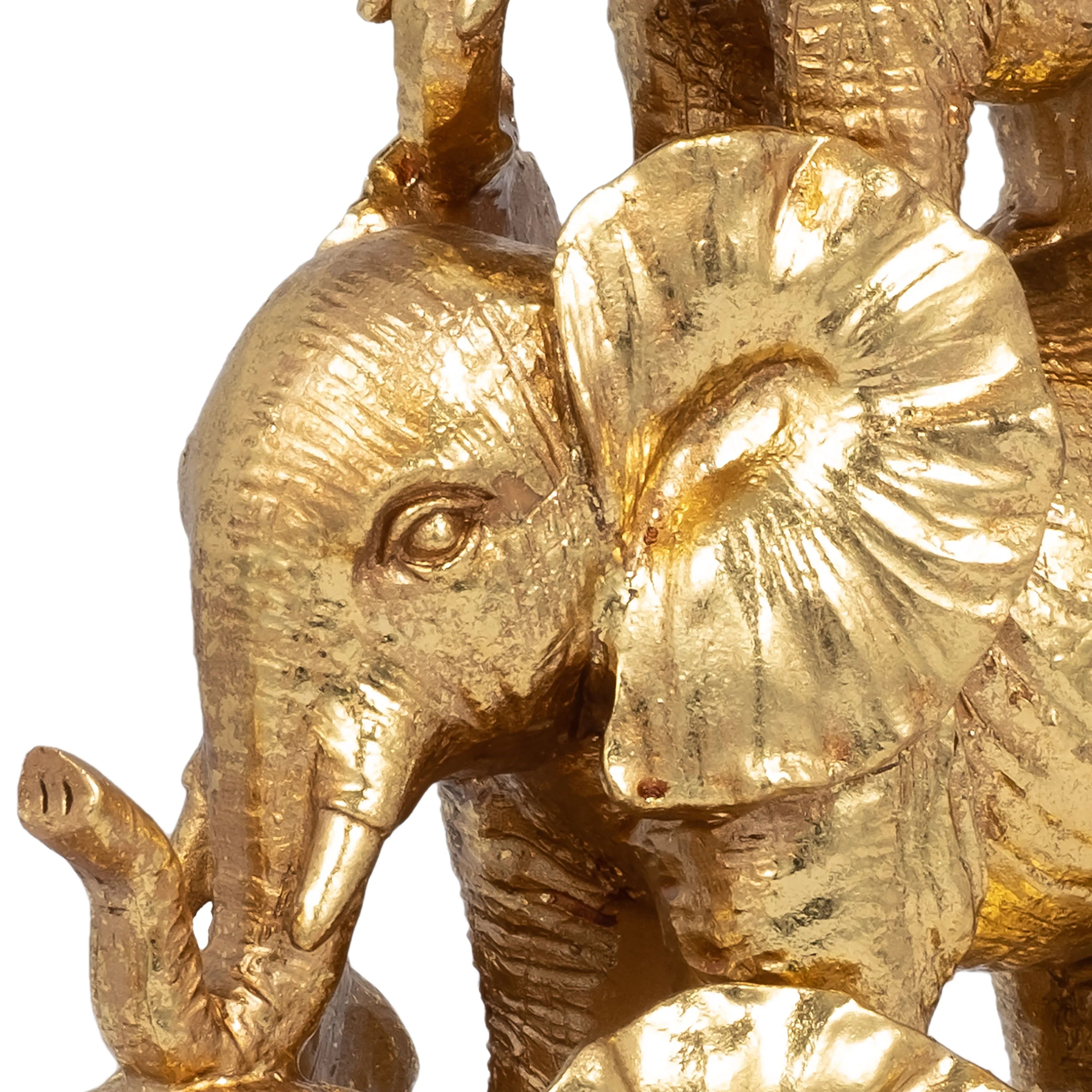 RESIN, 10" STACKED RAISED TRUNK ELEPHANTS, GOLD