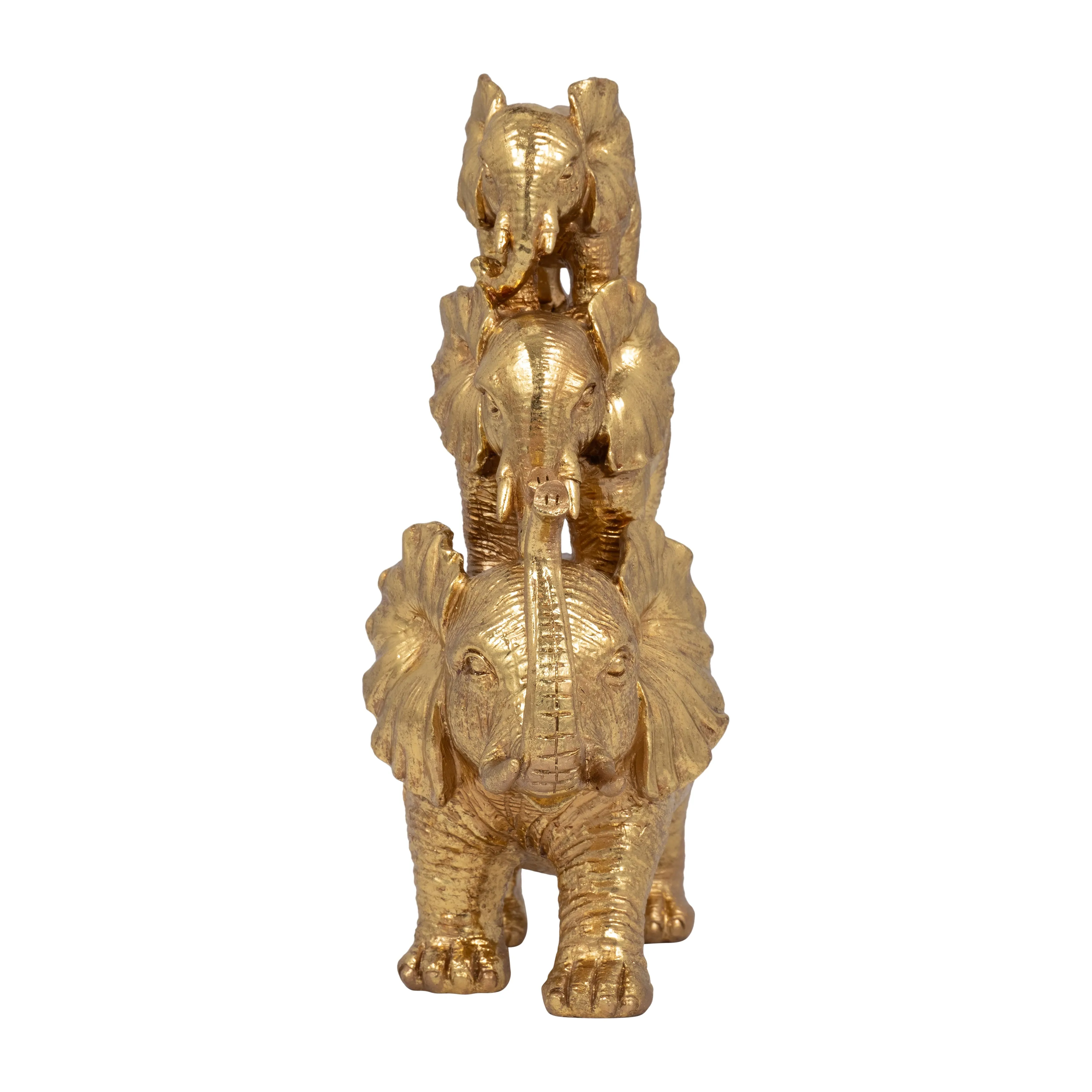 RESIN, 10" STACKED RAISED TRUNK ELEPHANTS, GOLD
